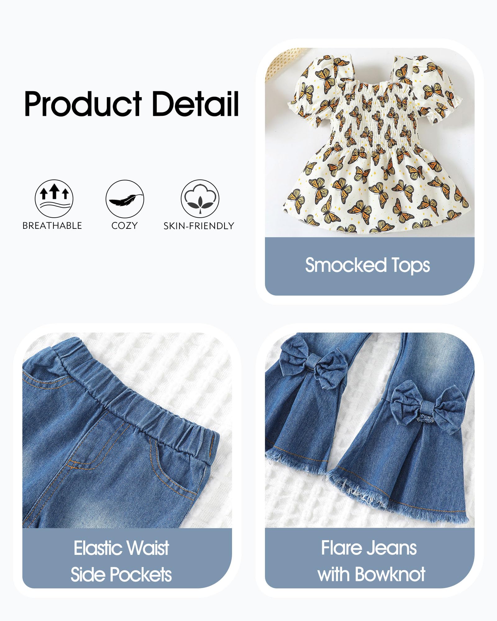 Kucnuzki Toddler Girls 2-Piece Outfit - Short Sleeve Shirt & Flare Denim Jeans Set | Cute Casual Wear for Playdates, Preschool & Family Photos