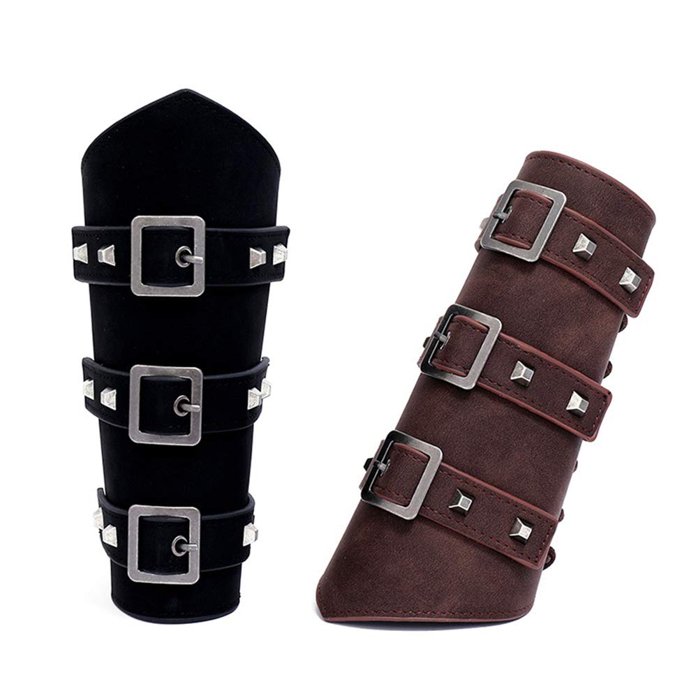 AZORA Leather Gauntlet Wristband - Medieval Bracers Armor Set of 2 - Adjustable Buckle Wrist Cuffs for LARP, Cosplay, Renaissance Fairs & Viking Reenactments