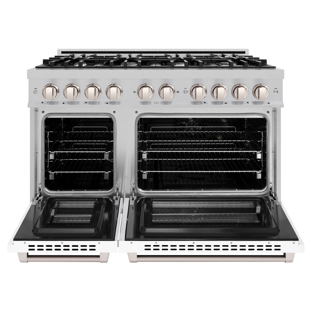 ZLINE 48-Inch 6.7 cu.ft Dual Fuel Range with 8-Burner Gas Cooktop & Double Oven - Satin Stainless Steel with White Matte Doors (HDRS WM 48) - Perfect for Large Family Kitchens & Professional Cooking