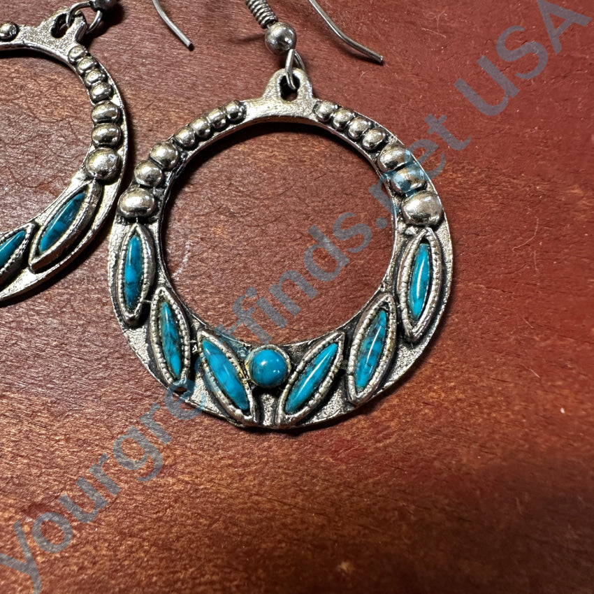 Vintage Silver Tone Needlepoint Faux Turquoise Hoop Earrings for Women | Boho Chic Pierced Jewelry | Perfect for Parties, Weddings & Everyday Wear