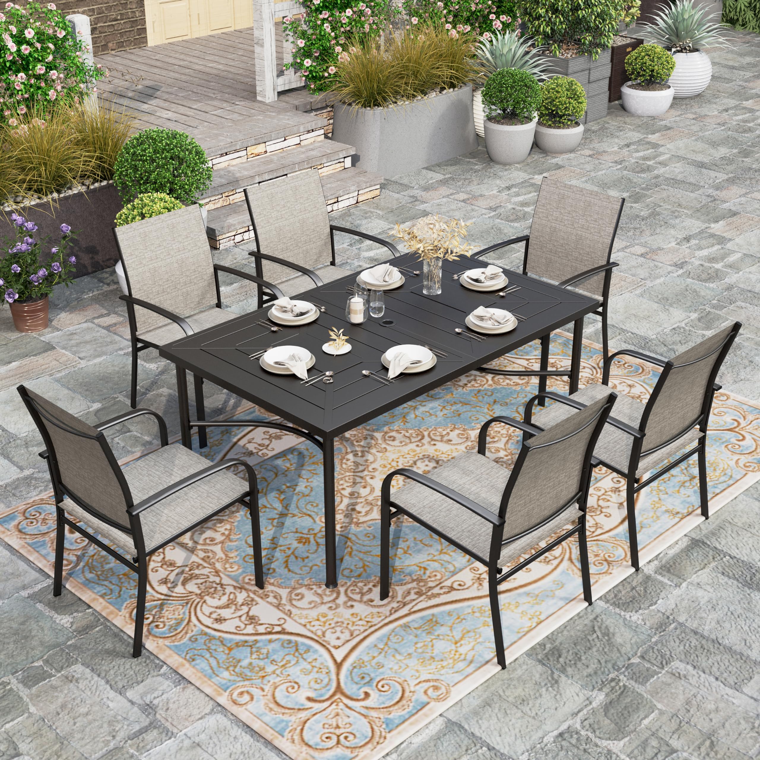 HERA'S HOUSE 64 Inch Outdoor Dining Table with Umbrella Hole - Weather Resistant Rectangular Patio Table for Garden, Backyard, Lawn - Perfect for Outdoor Entertaining, BBQ Parties & Family Gatherings