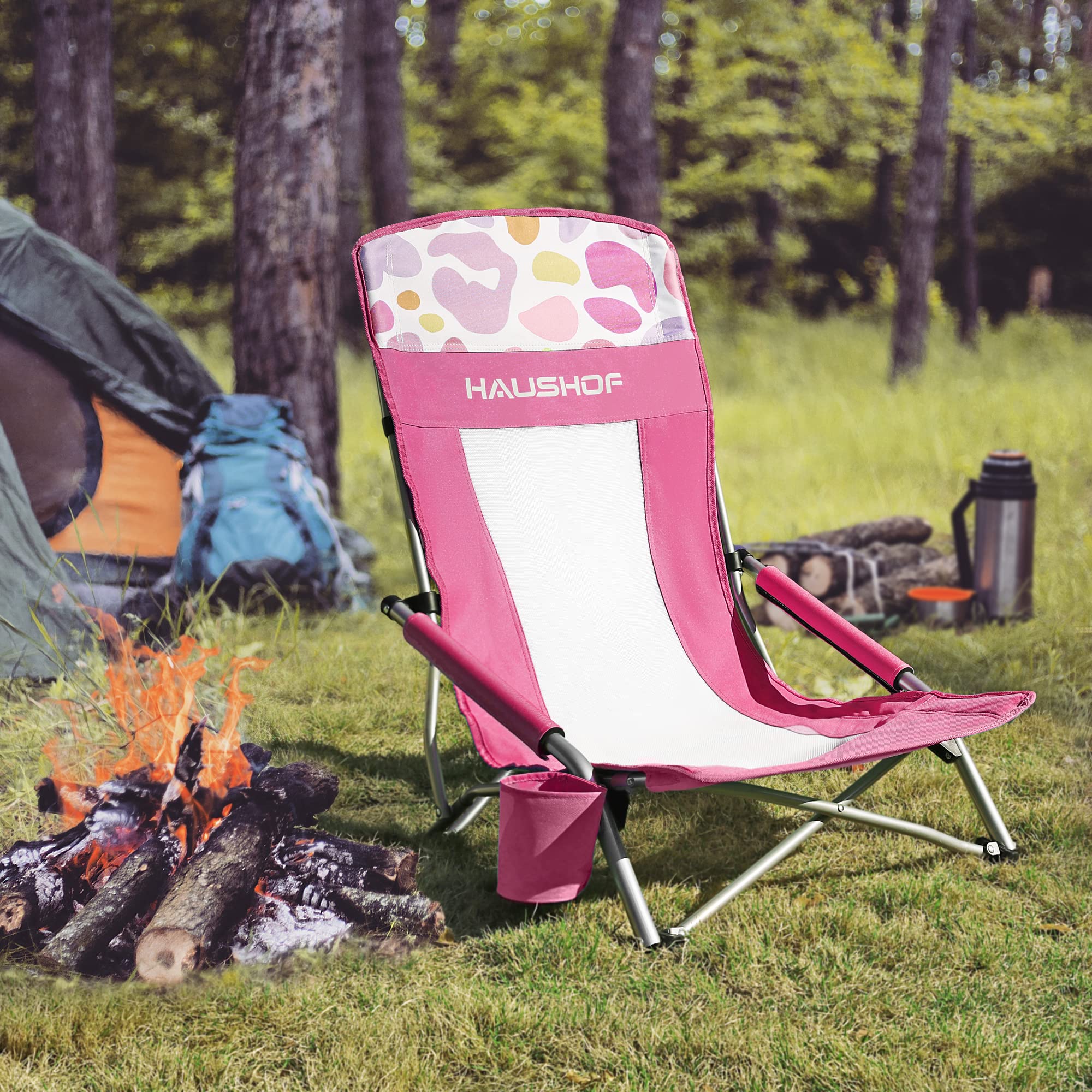 HAUSHOF 2-Pack High Back Beach Chairs - Lightweight Folding Camping Chairs with Mesh Back, Cup Holder & Carry Bag - Padded Armrest for Outdoor, Beach, Lawn, Camping, Picnic & Festival Use