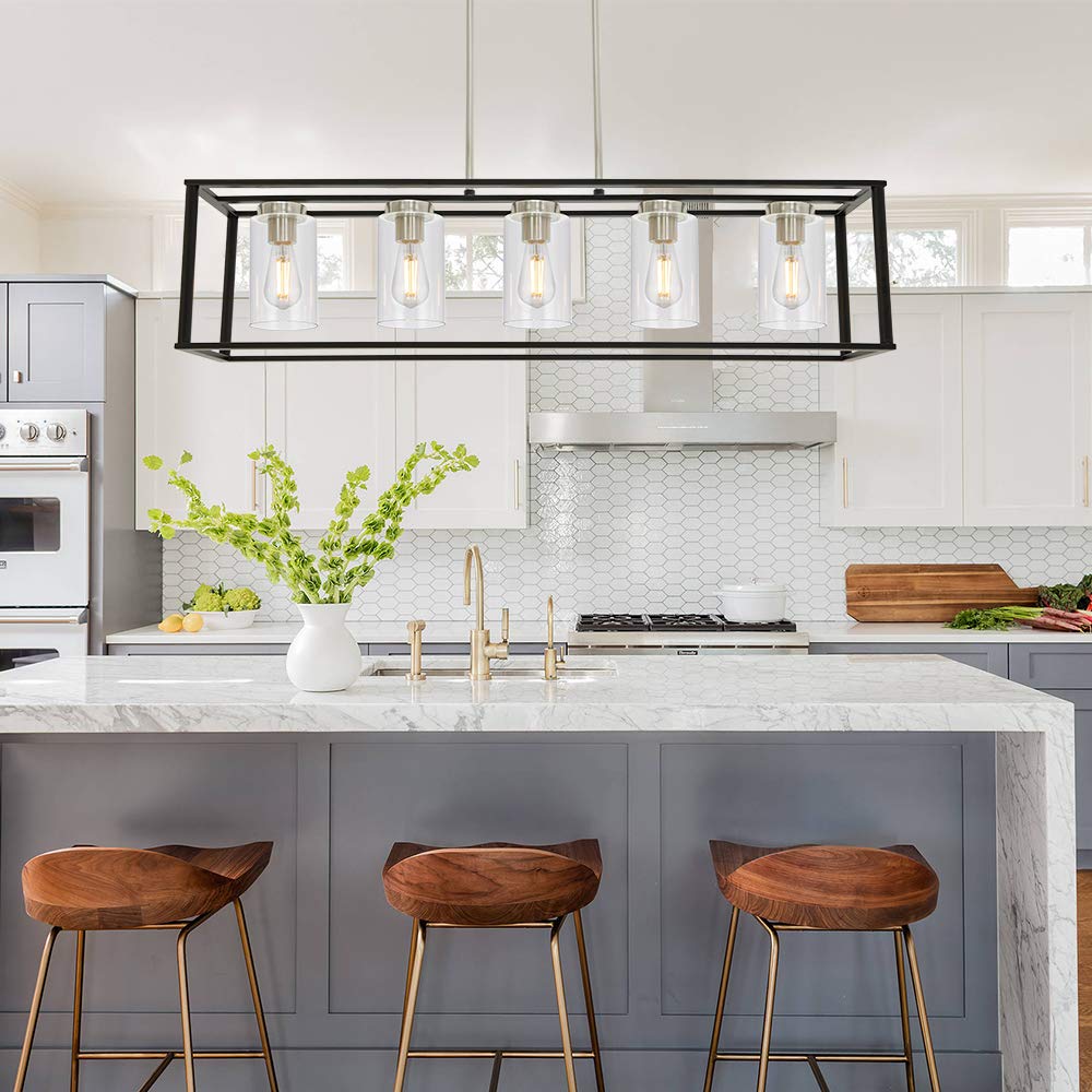 VINLUZ Modern 5-Light Rectangle Chandelier in Brushed Nickel & Black - Clear Glass Shade Farmhouse Pendant Light for Dining Room, Kitchen Island & Living Room Ceiling | Perfect for Rustic, Industrial & Contemporary Home Decor