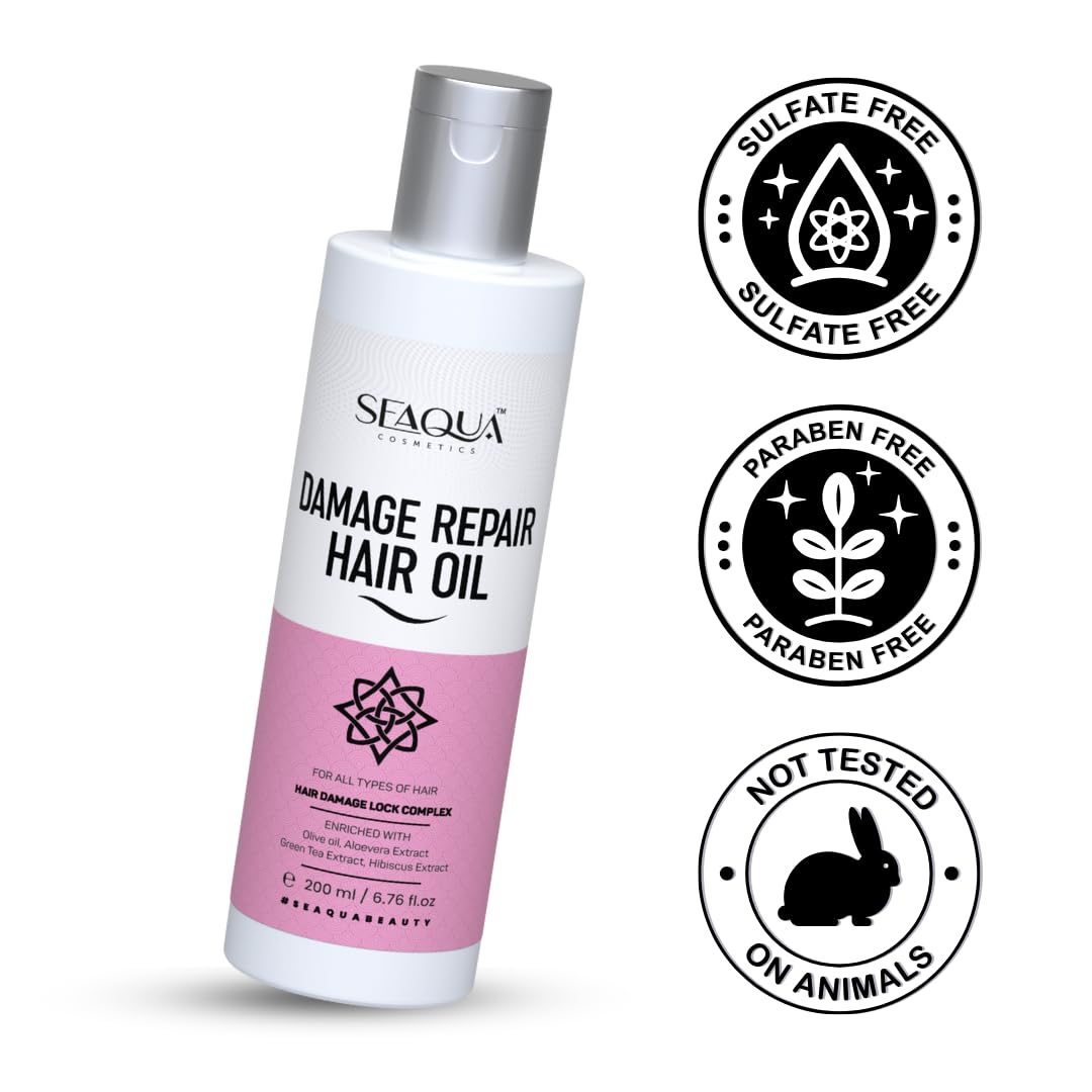 SEAQUA Damage Repair Hair Oil - Sulfate & Paraben Free Hair Treatment for Men & Women (200ml) | Restores Dry, Damaged Hair | Perfect for Daily Use, Salon Treatments & Hair Growth Care