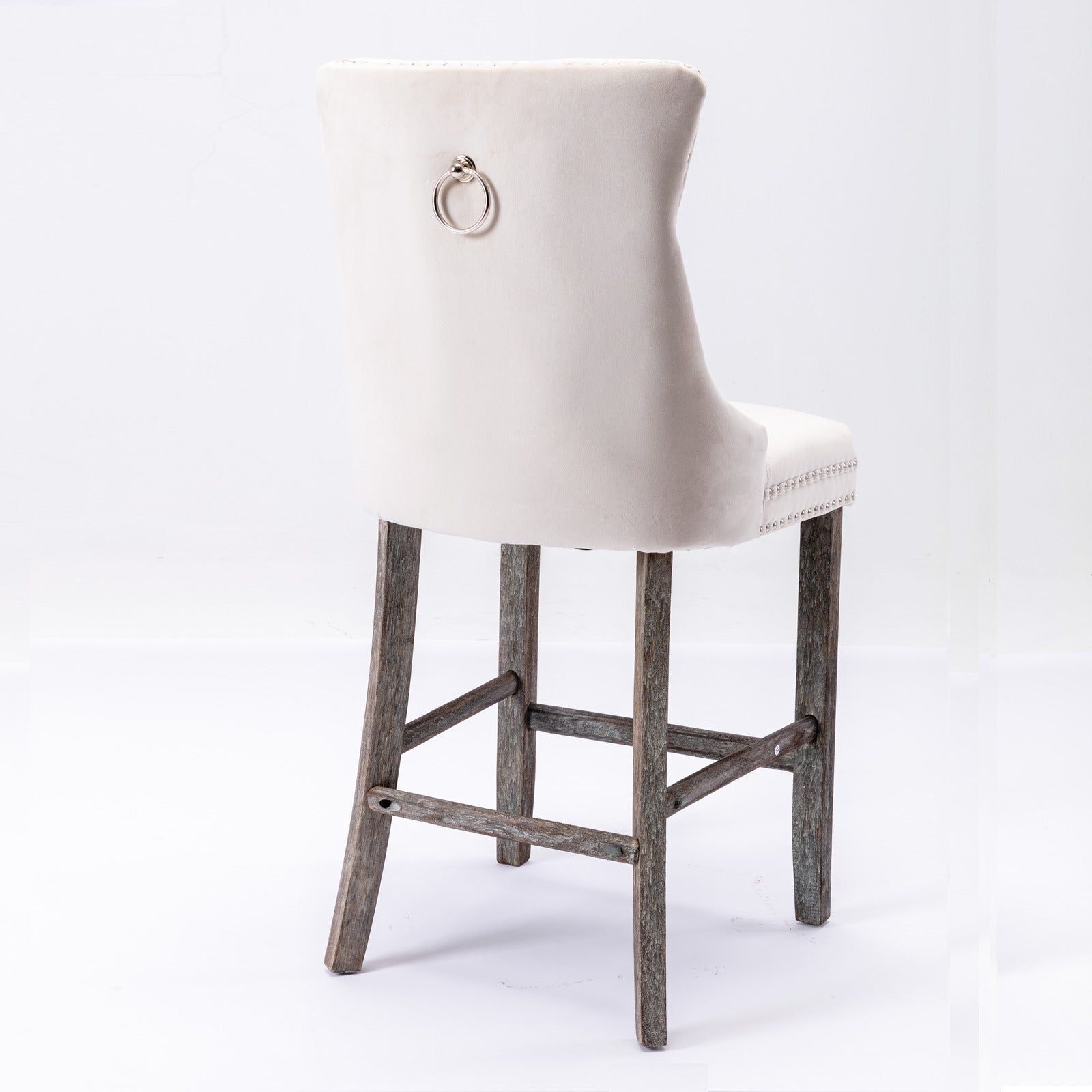 4 Velvet Bar Stools with Studs Trim & Wooden Legs - Tufted Dining Chairs for Kitchen Counter, Breakfast Nook & Home Bar - Comfortable Seating for Entertaining