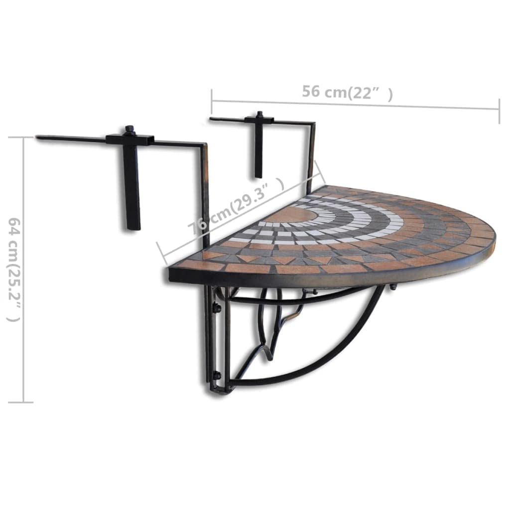 Hanging Balcony Table - Terracotta & White Mosaic Outdoor Bistro Table - Perfect for Small Spaces, Patio, Garden & Apartment Decor