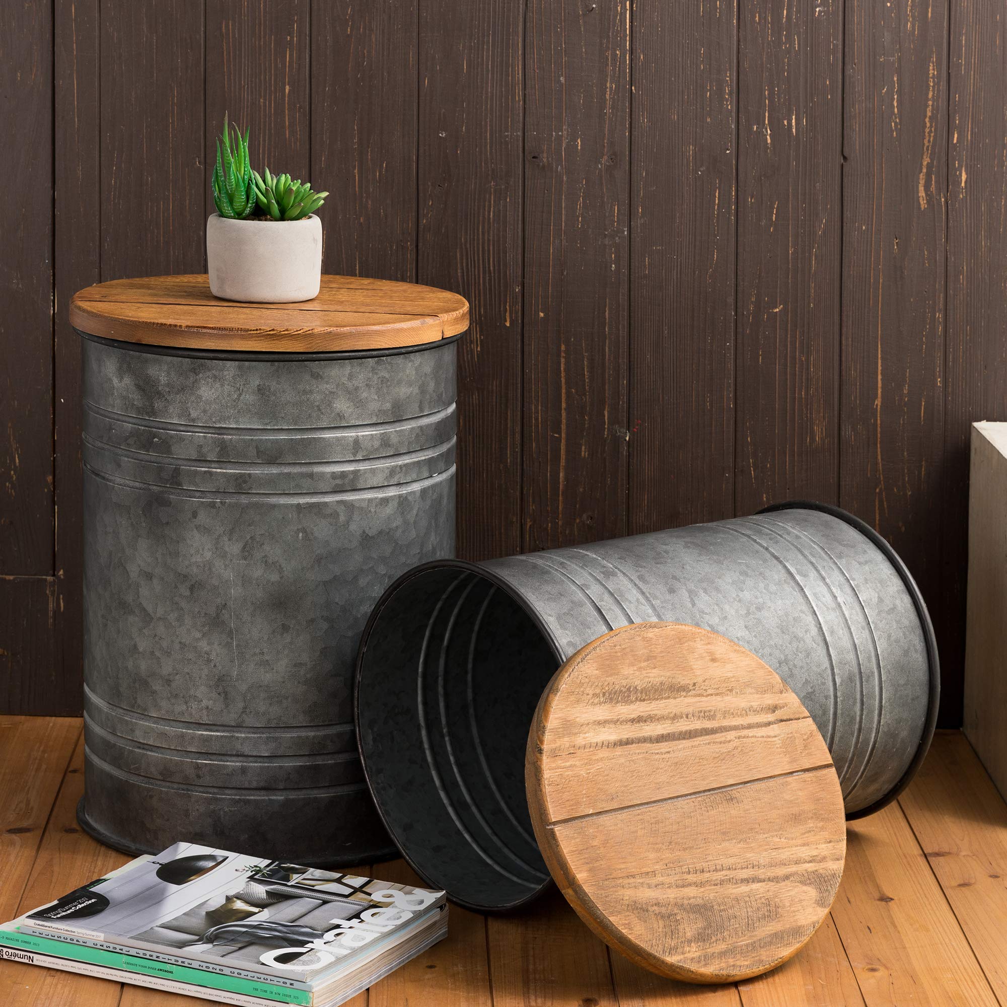 Glitzhome 2-Piece Farmhouse Nesting Tables with Storage Lids - Rustic Metal Barrel Side Tables for Living Room, Bedroom, Office - Grey | Space-Saving End Tables for Small Spaces & Home Decor