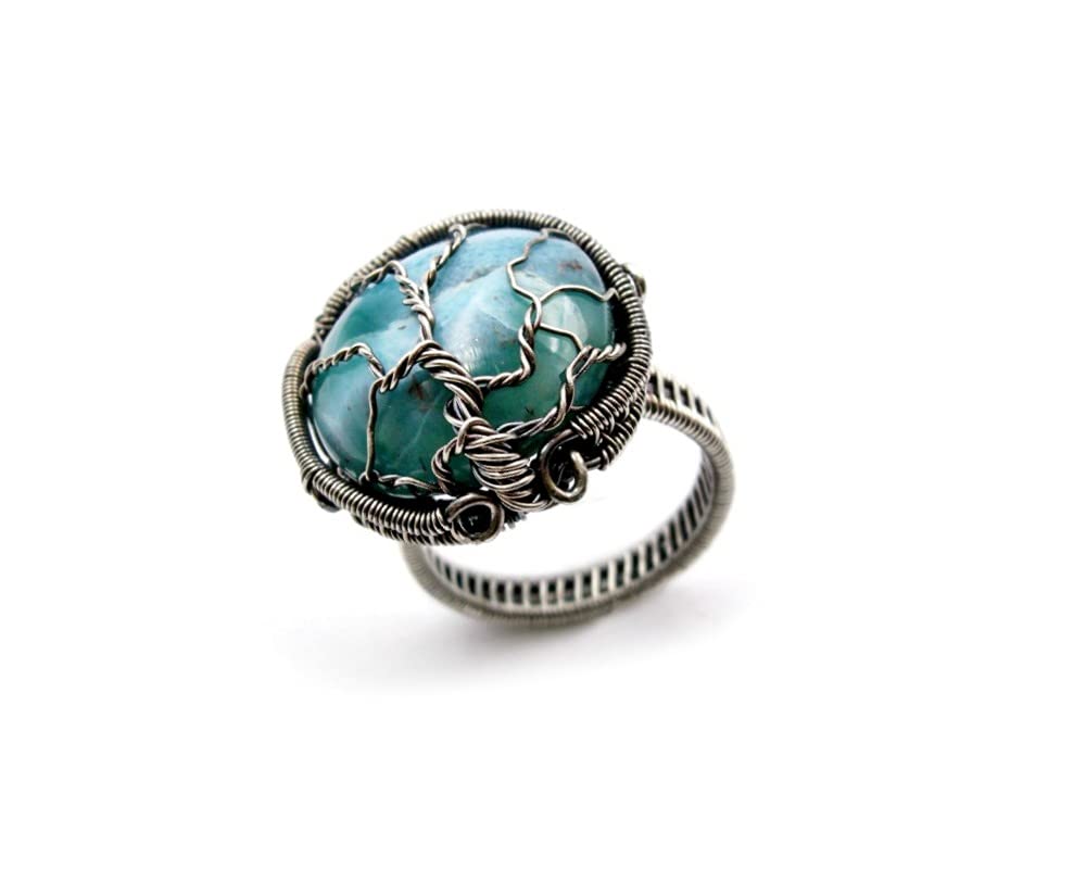 Tree of Life Ring Size 10 - Sterling Silver Wire Wrapped Larimar Gemstone Jewelry with Healing Crystals - Perfect for Spiritual Healing, Meditation & Boho Fashion