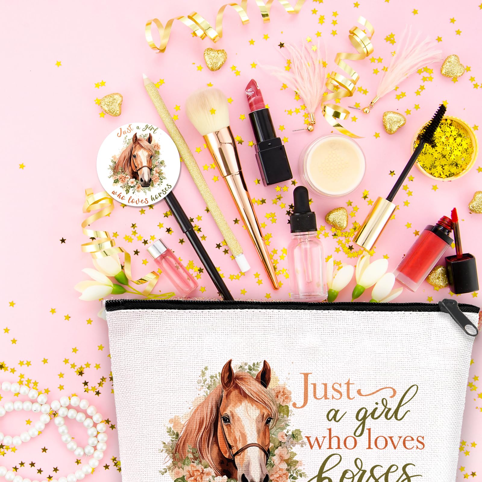 Equestrian Gifts Set - Travel Makeup Bag, Cute Horse Socks, Hair Ties & Mini Mirror - Perfect for Valentine's Day, Anniversary & Birthday Presents for Women & Girls - Great for Equestrian Enthusiasts, Horseback Riding & Farm Life Accessories