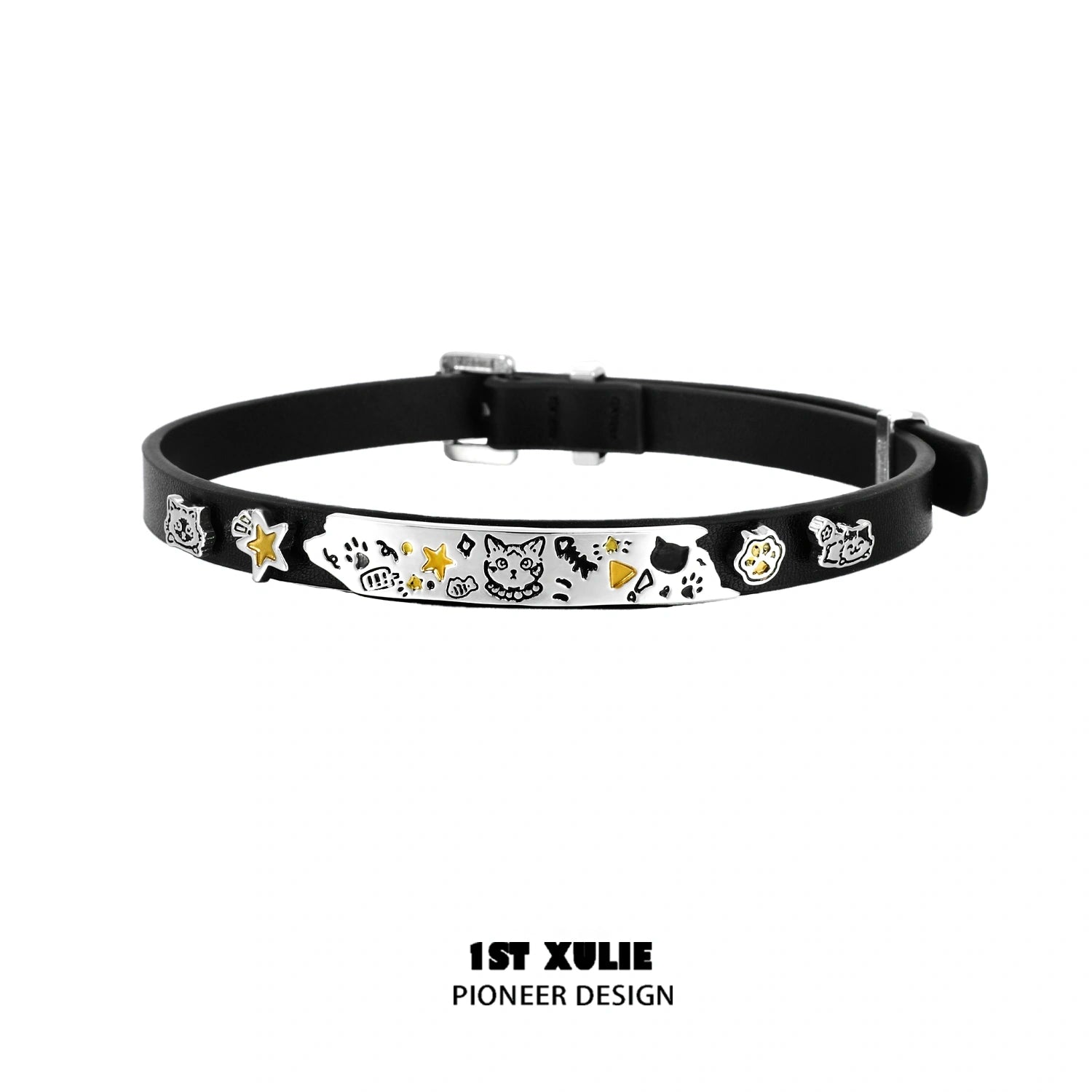 Graffiti Kitten Lazy Cat 18K Gold Plated Leather & Nylon Choker Necklace for Women - Trendy Gothic Punk Jewelry for Concerts, Parties & Everyday Wear
