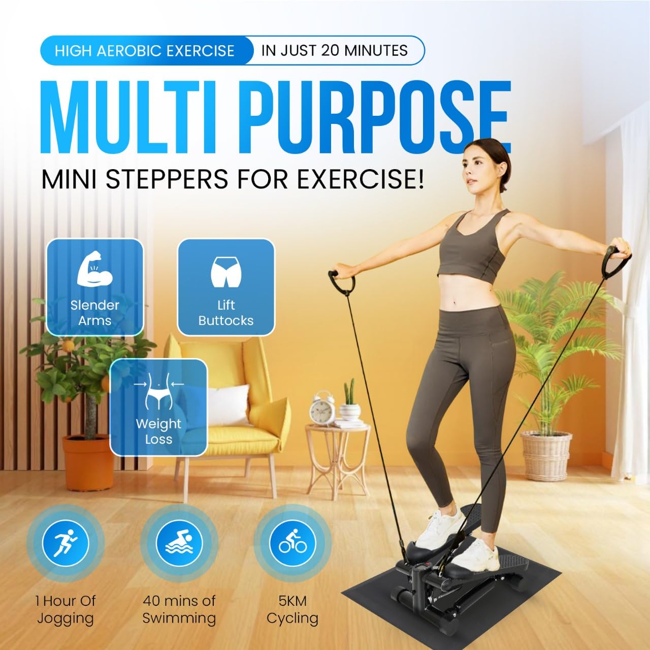 Best Mini Stepper with Resistance Bands for Home Workouts - Compact Stair Stepper Exercise Machine for Cardio & Toning | Perfect for Small Spaces, Office & Apartment Fitness