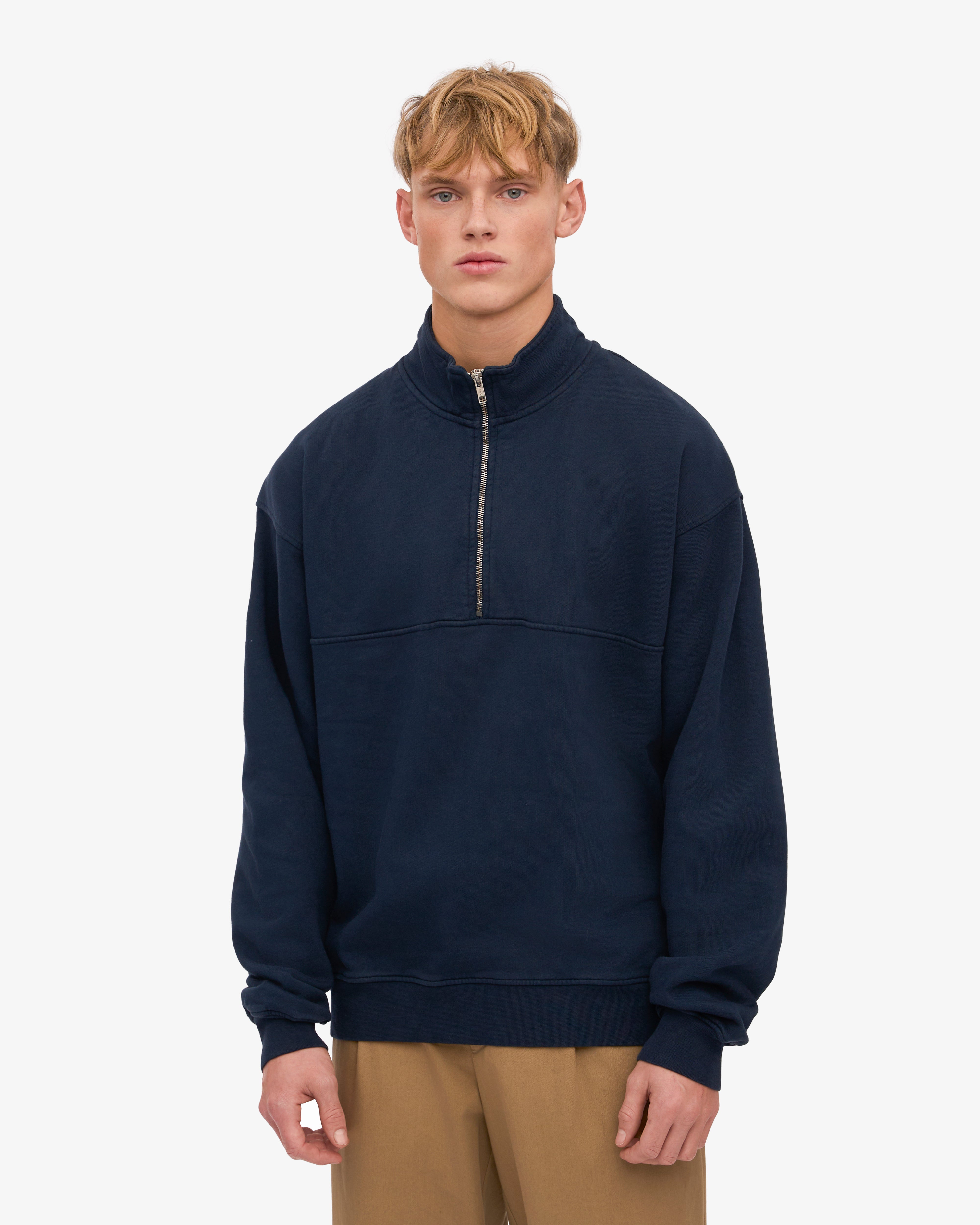 Organic Quarter Zip Sweatshirt for Men - Soft Navy Blue Pullover with Kangaroo Pocket | Perfect for Casual Wear, Outdoor Activities & Layering in Cool Weather
