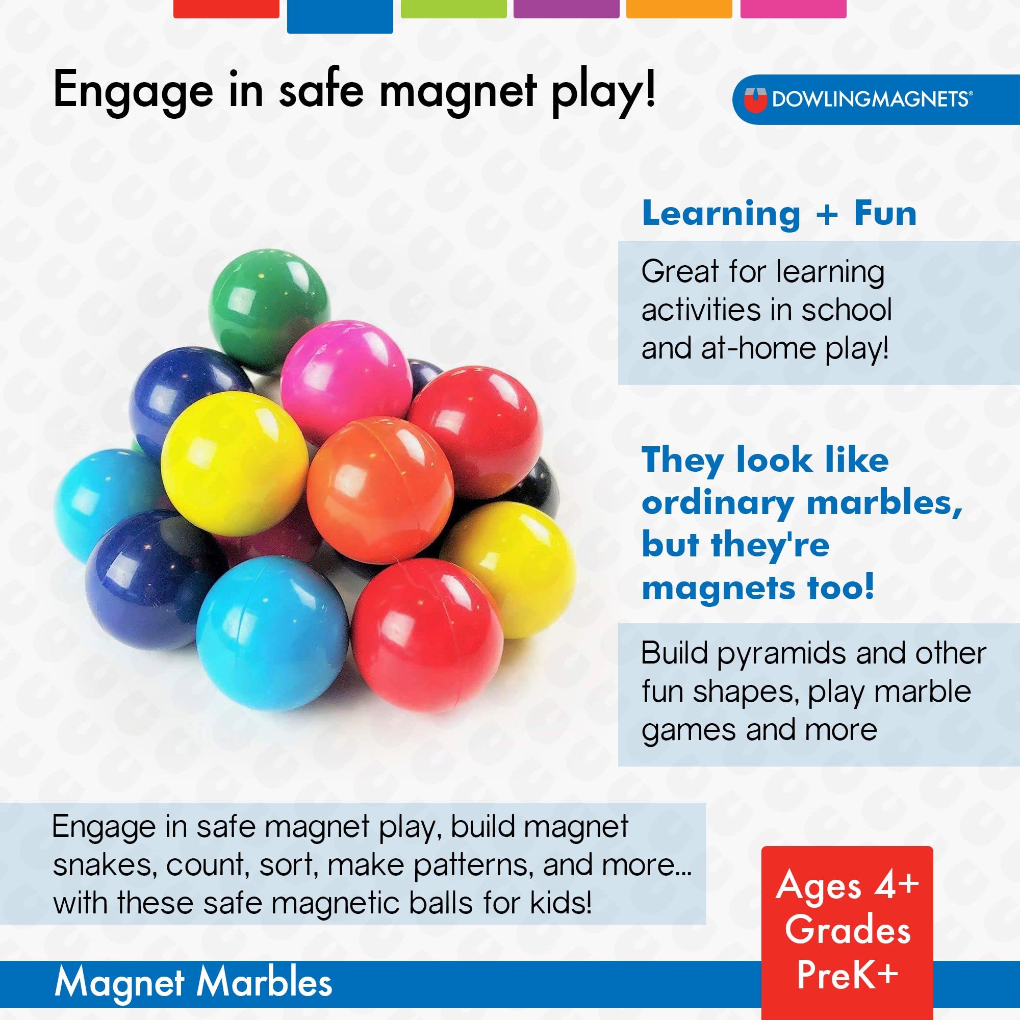 Dowling Magnets - 736606 Set of 20 Magnet Marbles (.63 inch Diameter) with Clear Dish - Perfect for Science Experiments, DIY Projects & Educational Activities