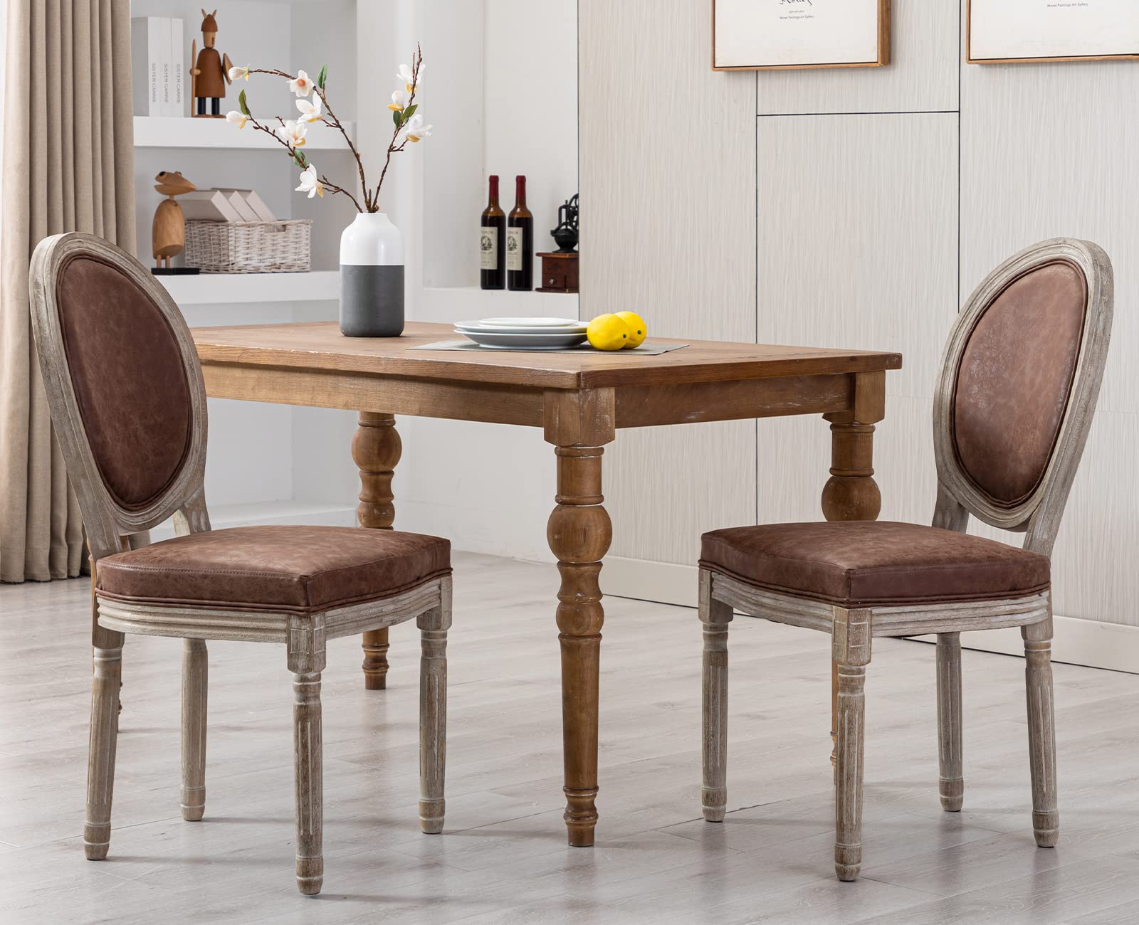 Premium PU Leather Dining Chairs Set of 2 - French Country Farmhouse Style Round Back Kitchen & Living Room Seating - Brown - Perfect for Home Decor, Entertaining & Comfortable Daily Use
