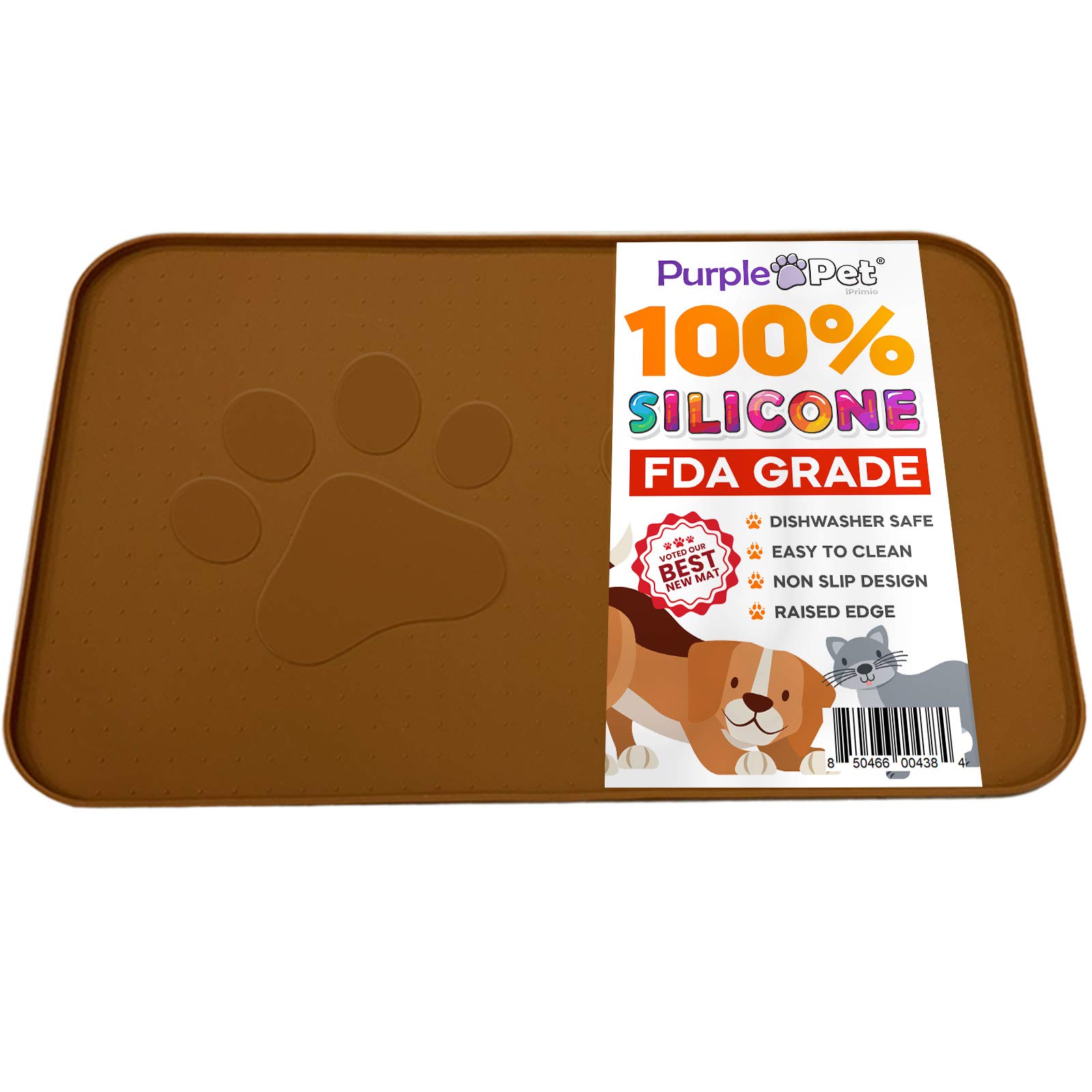 iPrimio Extra Large Non-Slip Pet Food Mat - Food Grade Silicone Cat & Dog Feeding Mat for Bowls - Waterproof Floor Protector Against Spills - Large Brown (Perfect for Kitchens, Garages & Outdoor Use)