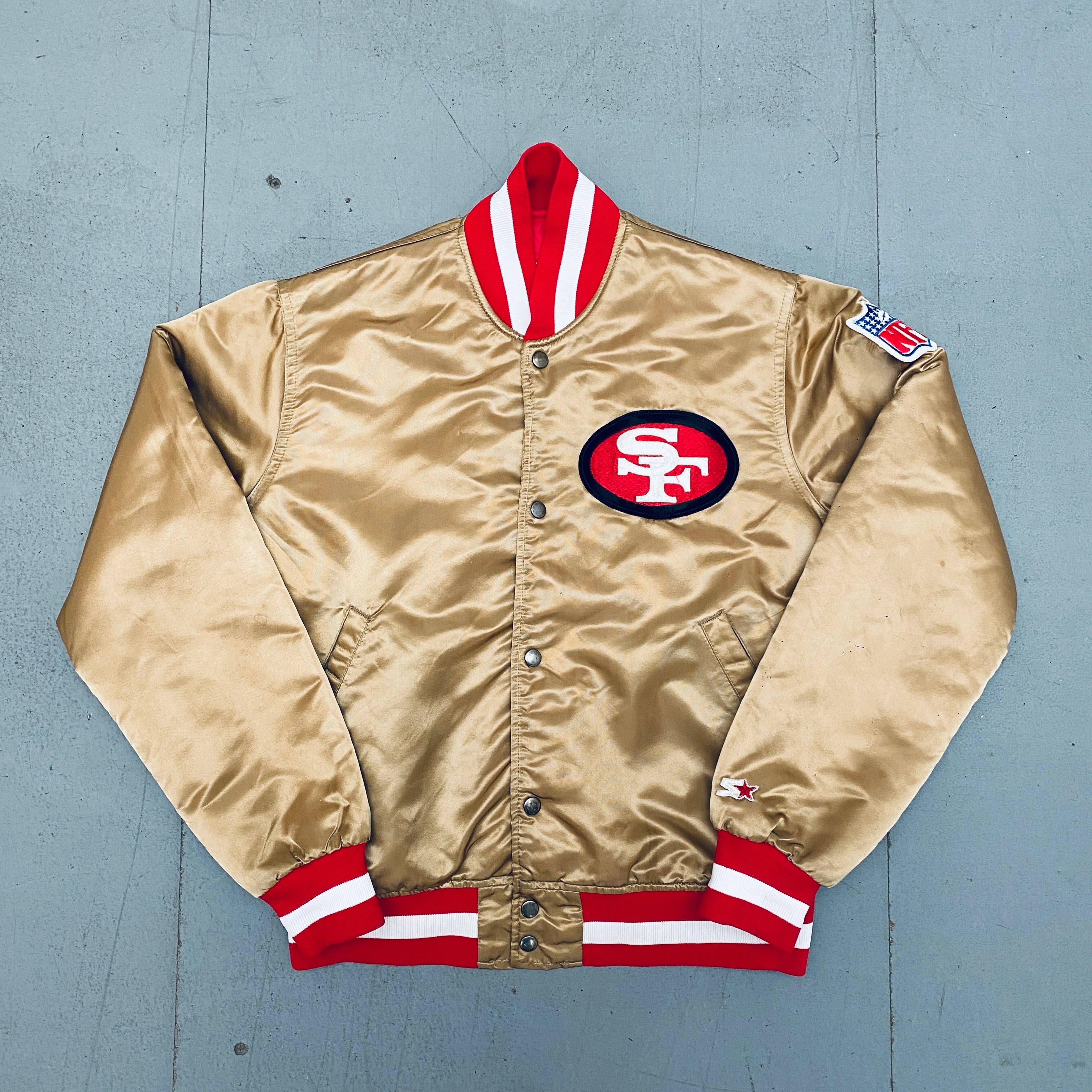 Vintage 1980s San Francisco 49ers Satin Stitched Reverse Spellout Proline Starter Bomber Jacket - Men's Medium | NFL Football Fan Gear & Retro Sports Apparel for Game Day Outfits and Collectors