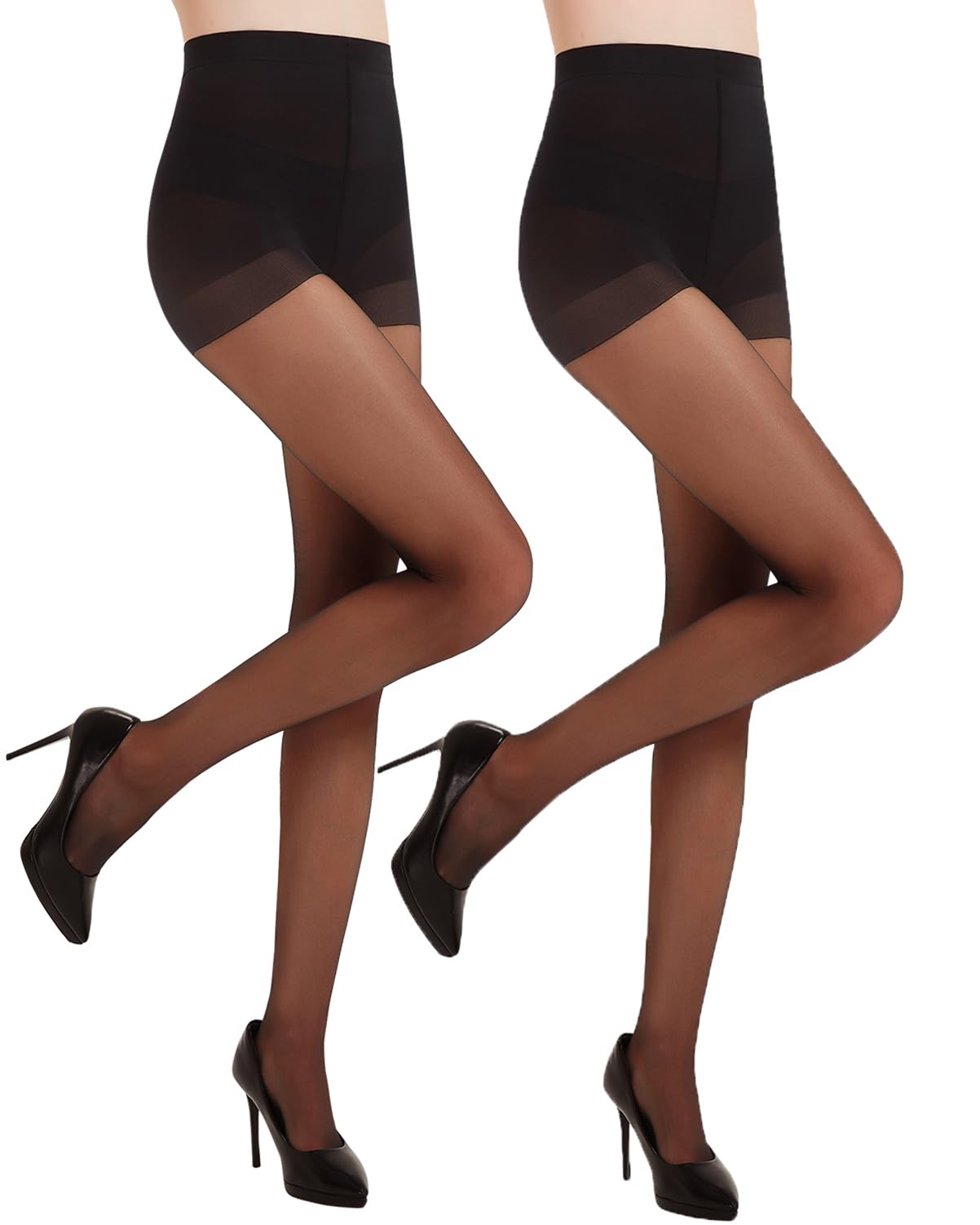 2 Pairs Women's Black Sheer Tights - Non-Rip Silky Control Top Pantyhose with Reinforced Toe - Smooth & Durable Stockings for Work, Dress & Everyday Wear