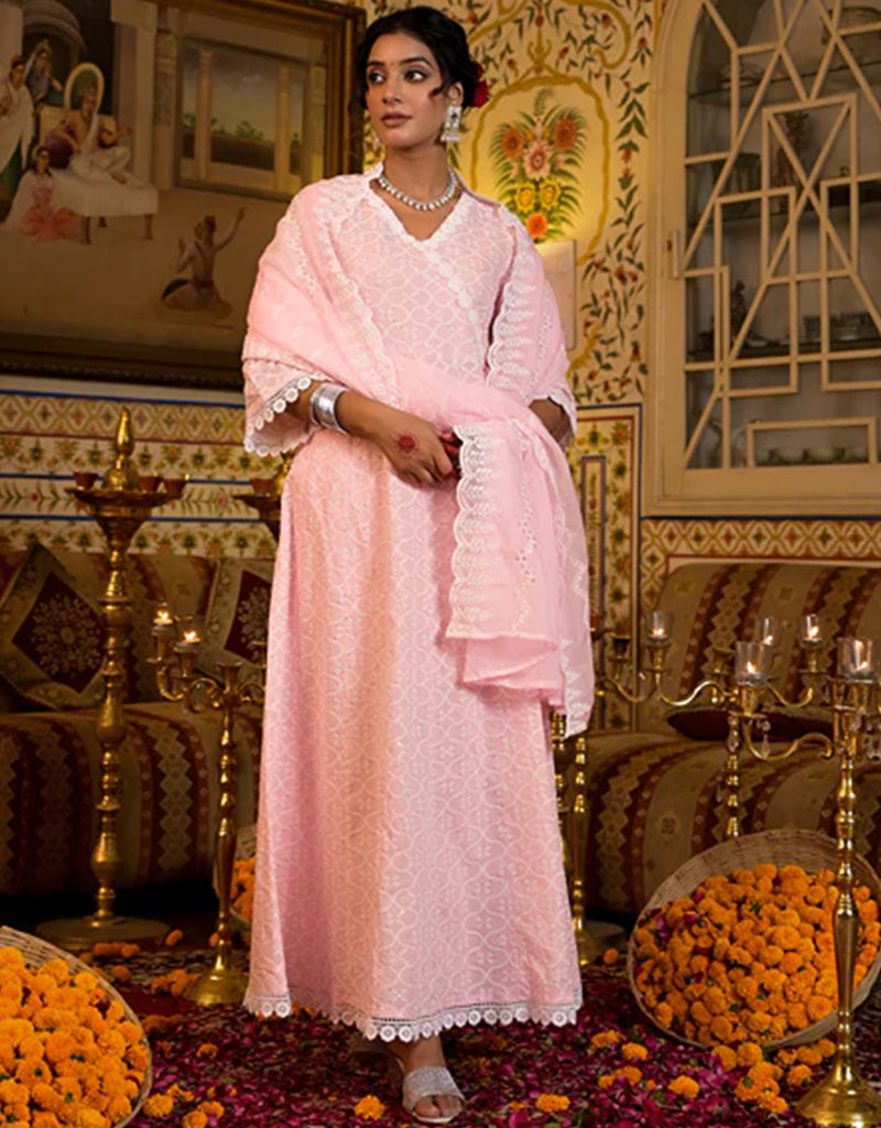 Baby Pink Pure Cotton Angrakha Anarkali Kurta Trouser with Dupatta Set - Traditional Indian Ethnic Wear for Women - Perfect for Weddings, Festivals & Special Occasions