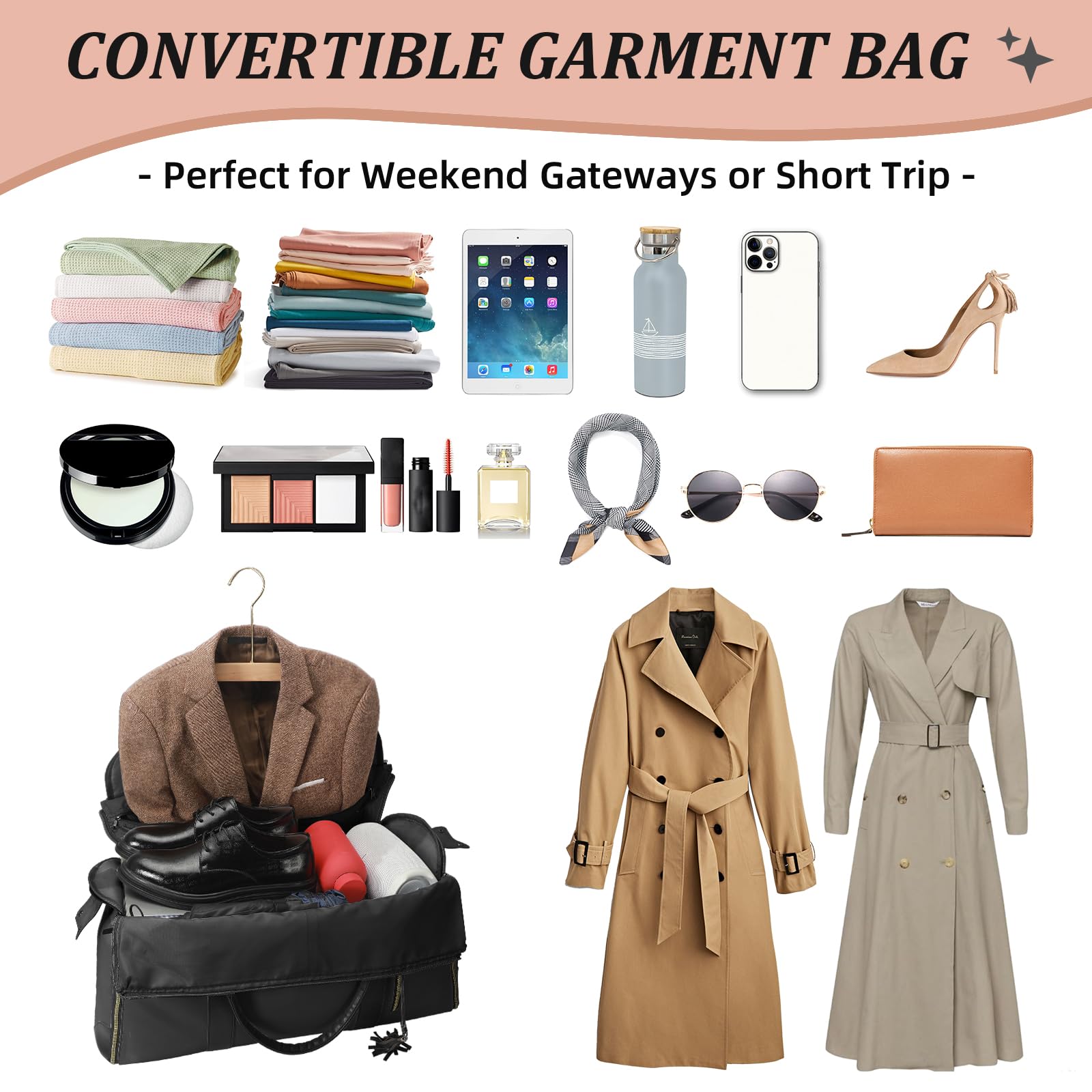 Rolling Garment Bag for Travel - Large Convertible Wheeled Duffel Carry On Luggage with Wheels, Weekender Bag for Women & Men (Black) - Perfect for Business Trips, Vacations & Airplane Travel