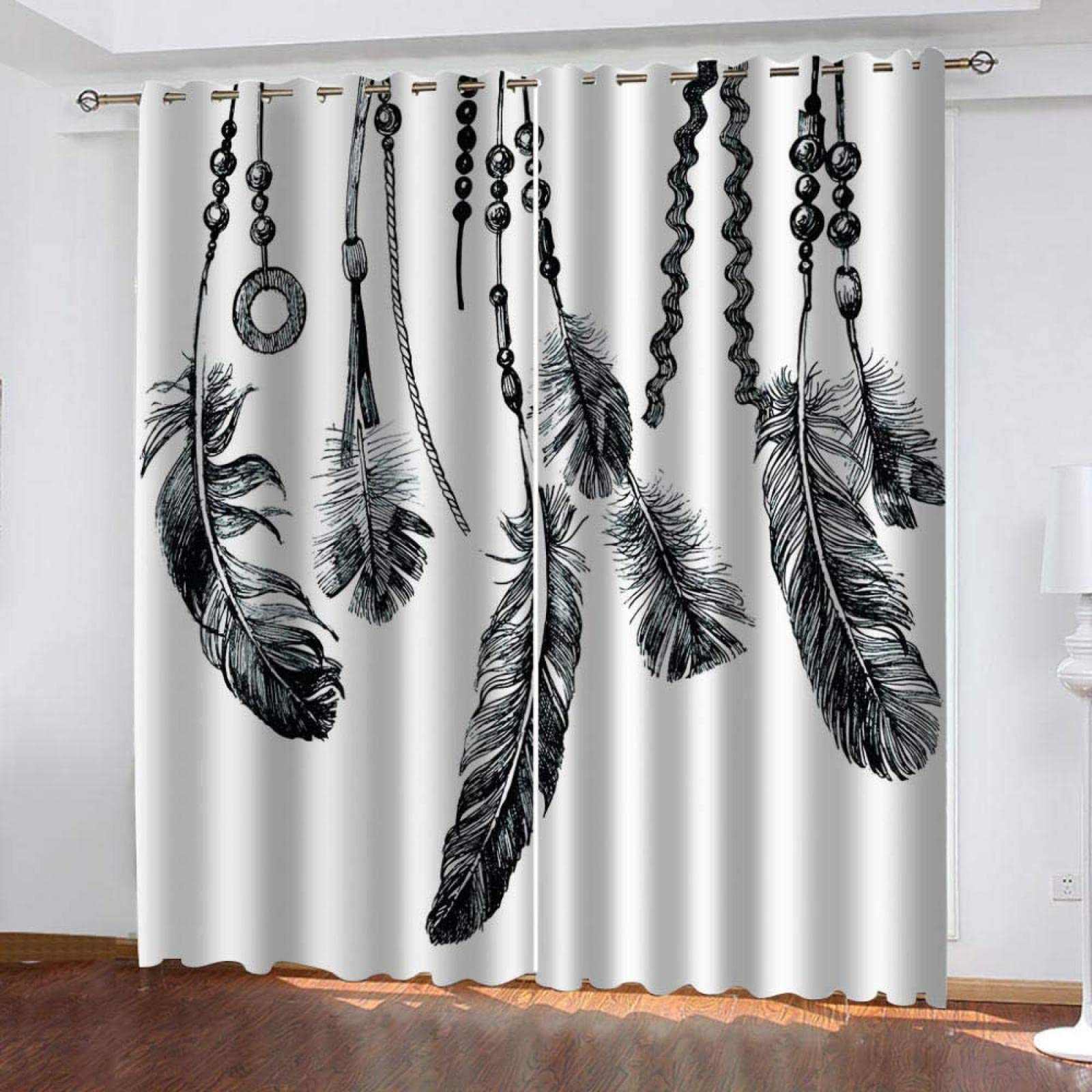 Aztec Feather Blackout Curtains - Native American 3D Printed Drapes with Grommet Top, Thermal Insulated Window Panels for Bedroom & Living Room (63