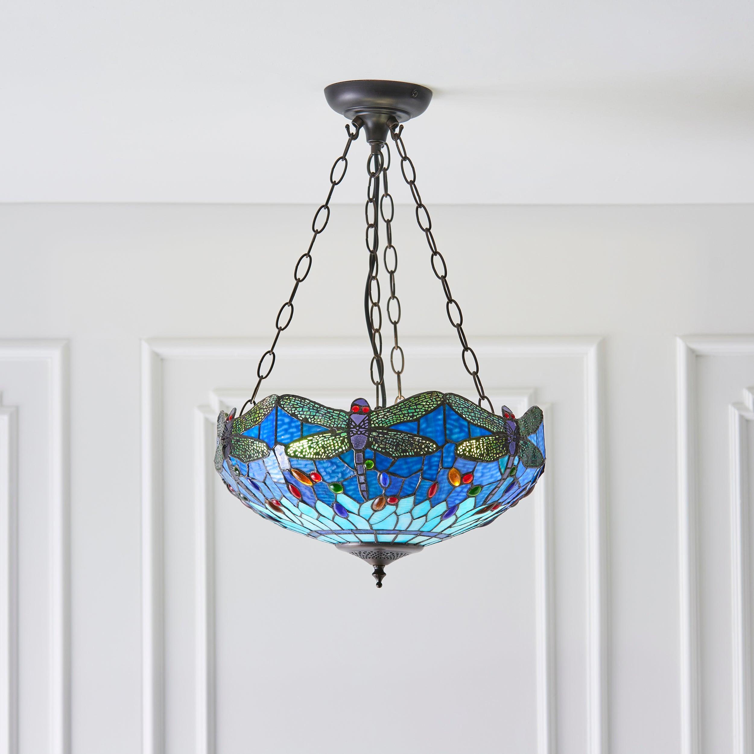 Blue Dragonfly Tiffany Style Ceiling Light - Large Inverted Stained Glass Fixture for Dining Room, Bedroom & Living Room Decor