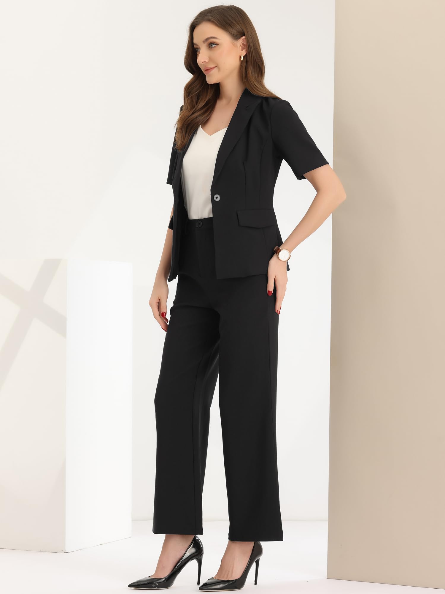 Allegra K Women's Short Sleeve Blazer & Pant Suit Set - 2 Piece Business Casual Work Outfit for Office, Meetings & Professional Events