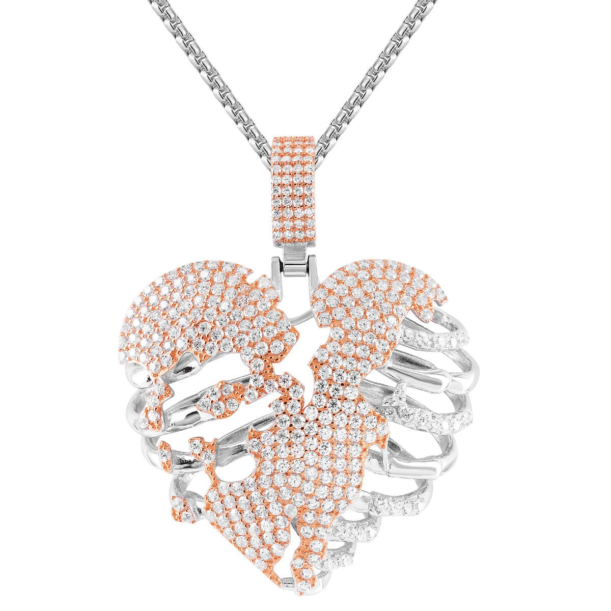 Men's Silver Broken Skeleton Heart Rose Gold Tone Pendant Necklace - Gothic Jewelry for Valentine's Day, Anniversary & Alternative Fashion Lovers