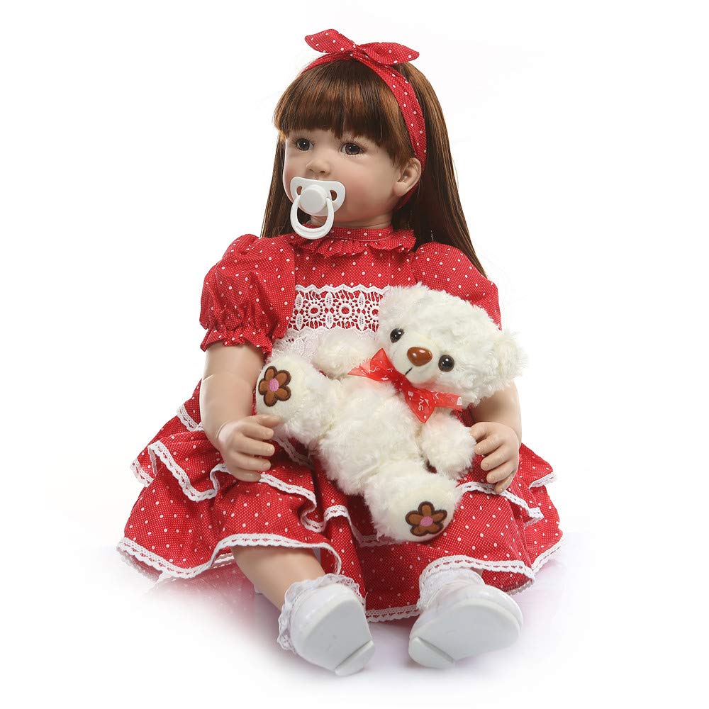 Anano 24 Inch Realistic Silicone Reborn Baby Doll - Toddler Girl with Long Hair & Red Dress | Lifelike Kids Toy for Collectors, Gift Giving & Pretend Play