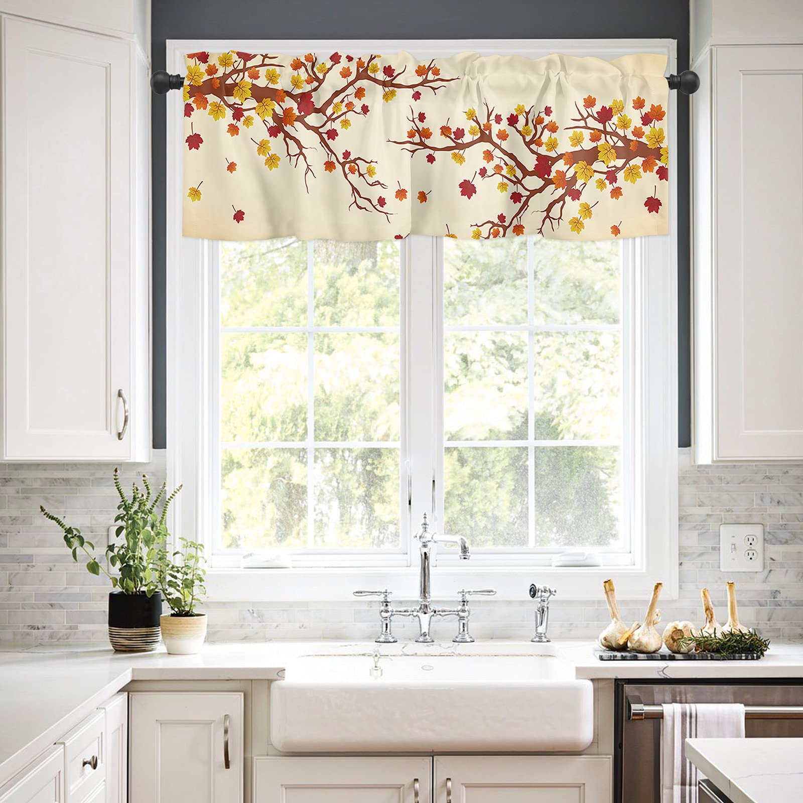 Autumn Branch Pattern Window Valance - 54x18 Inch Short Cafe Curtain Topper for Kitchen, Living Room & Bedroom - Perfect for Fall Decor & Cozy Home Styling