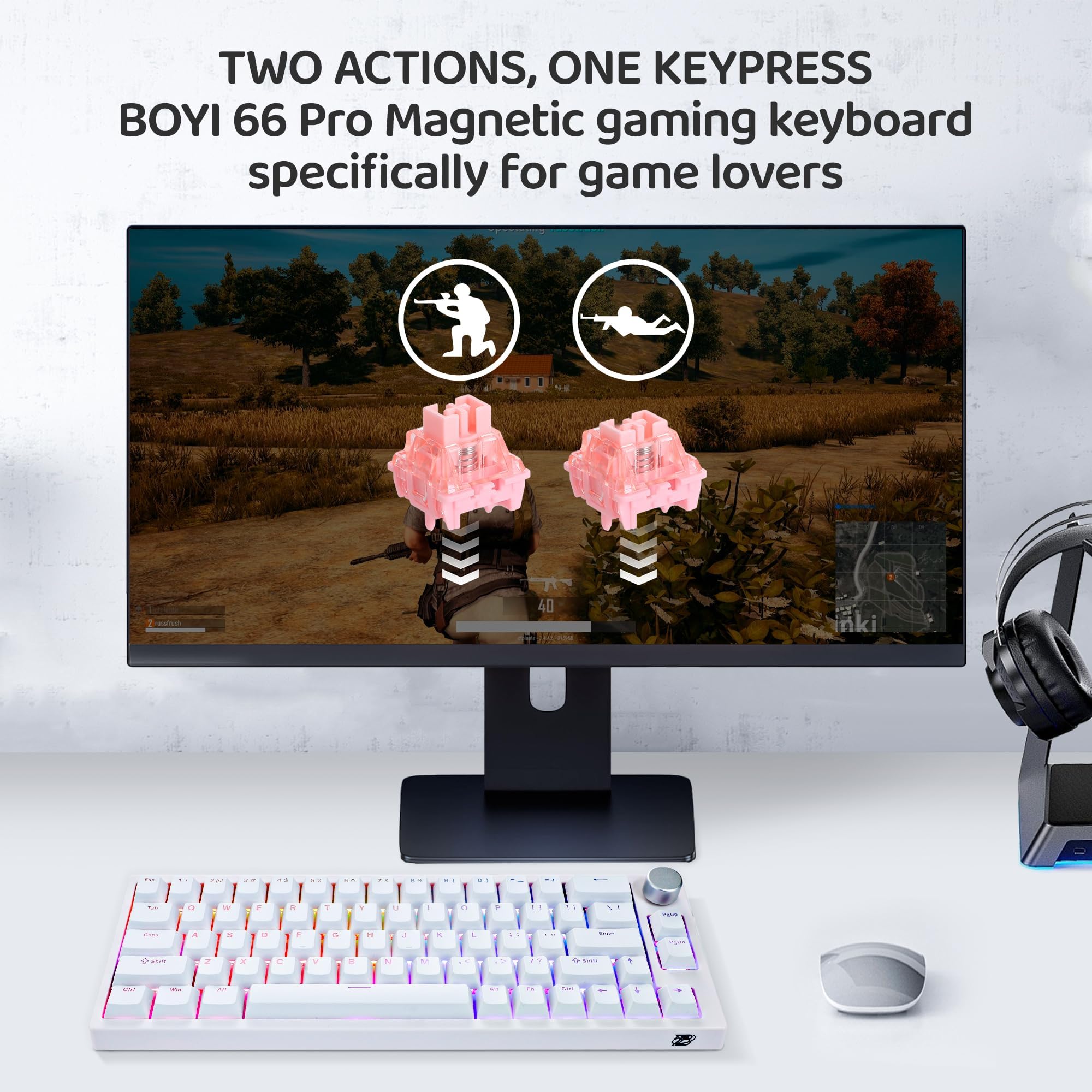 BOYI 66Pro Hall Effect Magnetic Switch 65% Compact Mechanical Gaming Keyboard - Rapid Trigger, RGB Backlit, Hot-Swappable, Adjustable Actuation, Gasket-Mounted, Wired with Volume Knob (White) - Perfect for Competitive Gaming, Typing & Office Work