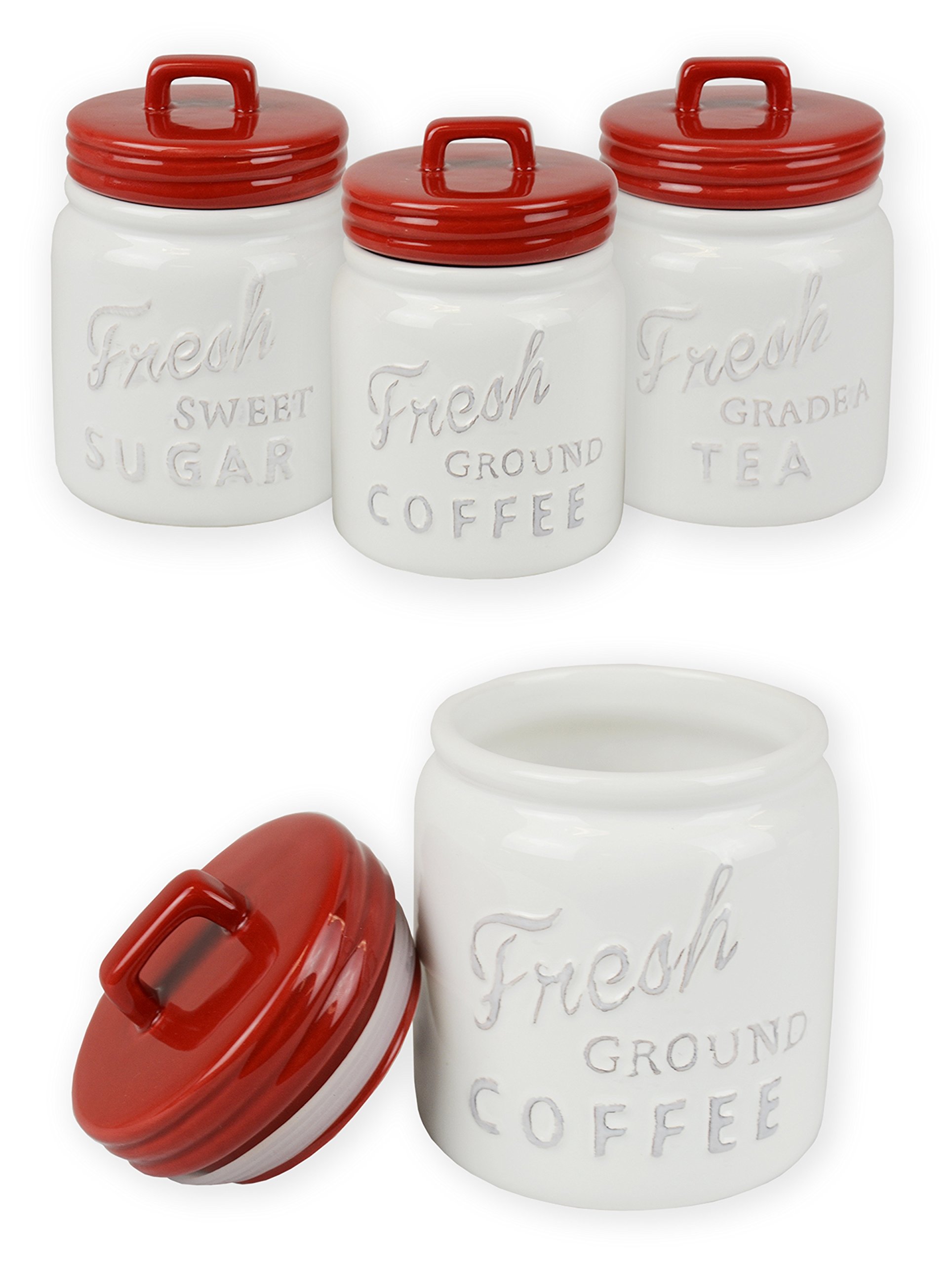 DII Ceramic Canister Set for Kitchen Storage - 3-Piece Airtight Food Containers with Lids, Red - Perfect for Pantry Organization, Coffee, Tea, Sugar & Flour Storage