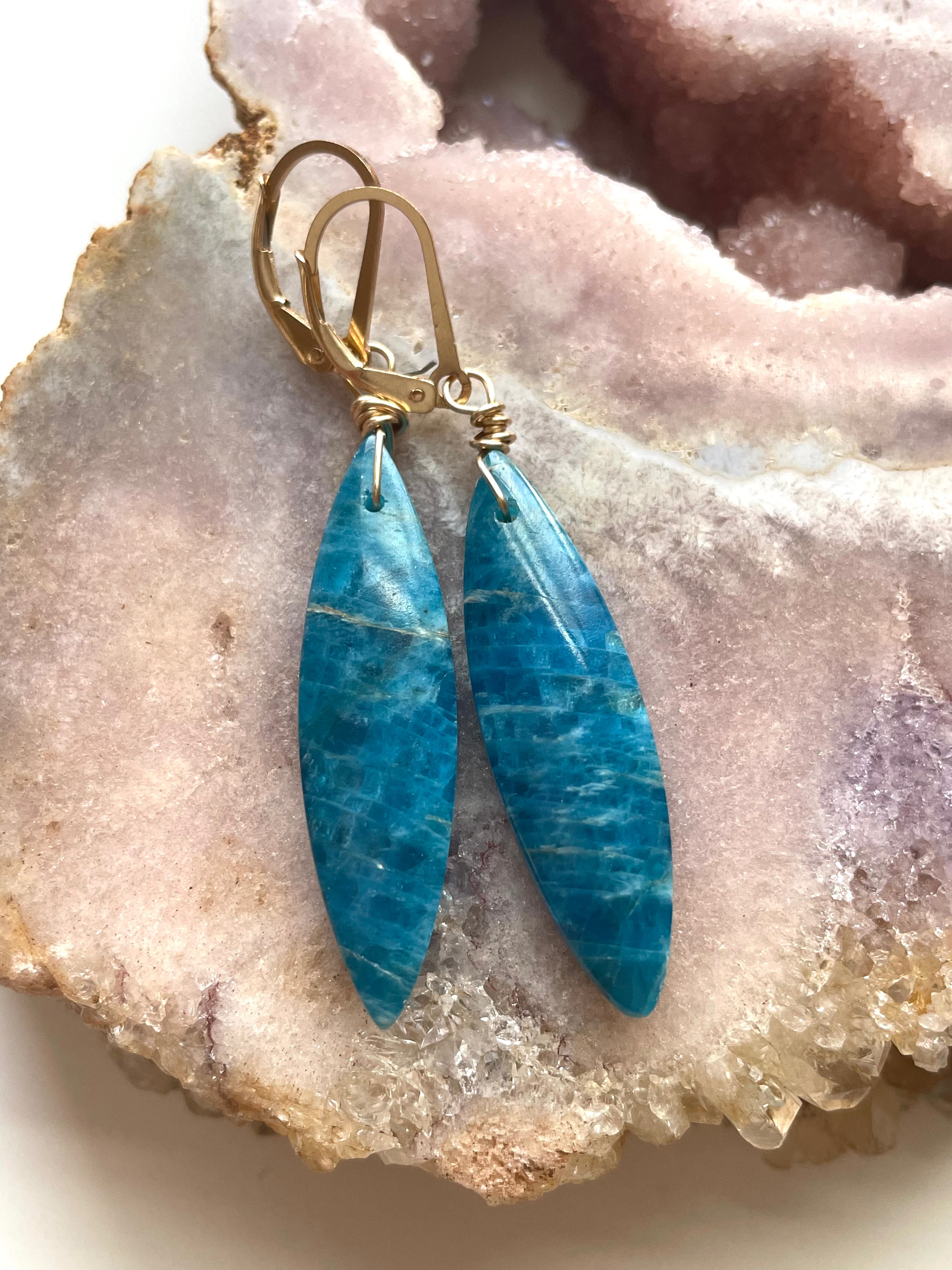 Gold Blue Apatite Dangle Crystal Earrings for Women - Elegant Handmade Bohemian Jewelry for Party, Wedding & Special Occasions