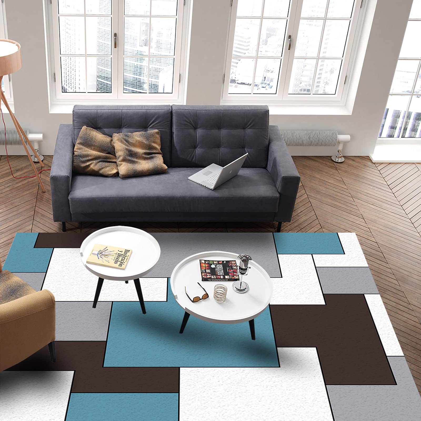 4'x6' Non-Shedding Boho Area Rug - Blue White Grey Abstract Geometric Pattern Indoor Outdoor Rug for Living Room, Bedroom, Kitchen & Bathroom Decor | Perfect for Mid-Century Modern Homes & Bohemian Style Spaces