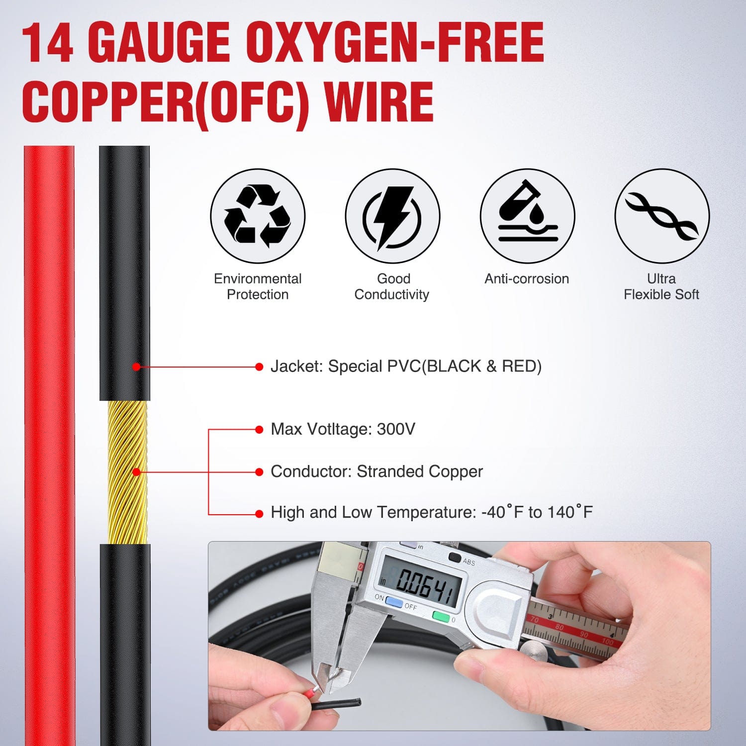 30FT 14AWG Oxygen Free Copper Wire - Red & Black Stranded PVC Electrical Cord - 2 Conductor Parallel 300V DC Flexible Extension Cords for Home Appliances, DIY Projects, and Automotive Wiring