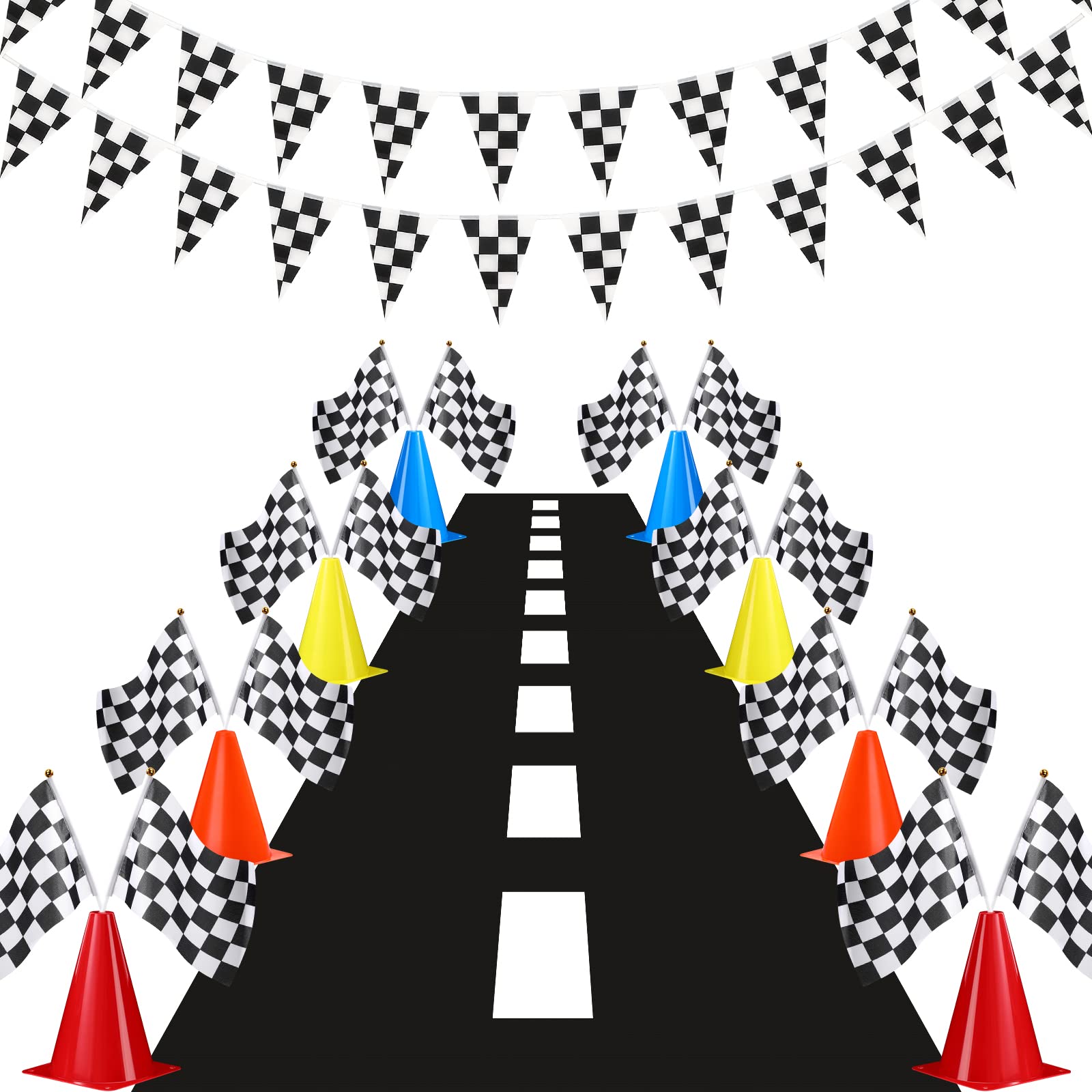 12-Piece Traffic Cones & Racing Flags Set - 12 Plastic Safety Cones, 12 Checkered Racing Flags with Sticks, 31ft Checkered Pennant Banner & 9.8x2ft Race Track Mat for Kids Outdoor Games, Birthday Parties & School Sports Events