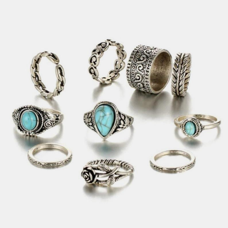 10-Piece Turquoise Alloy Ring Set for Women - Fashion Bohemian Jewelry for Everyday Wear, Parties & Gifts