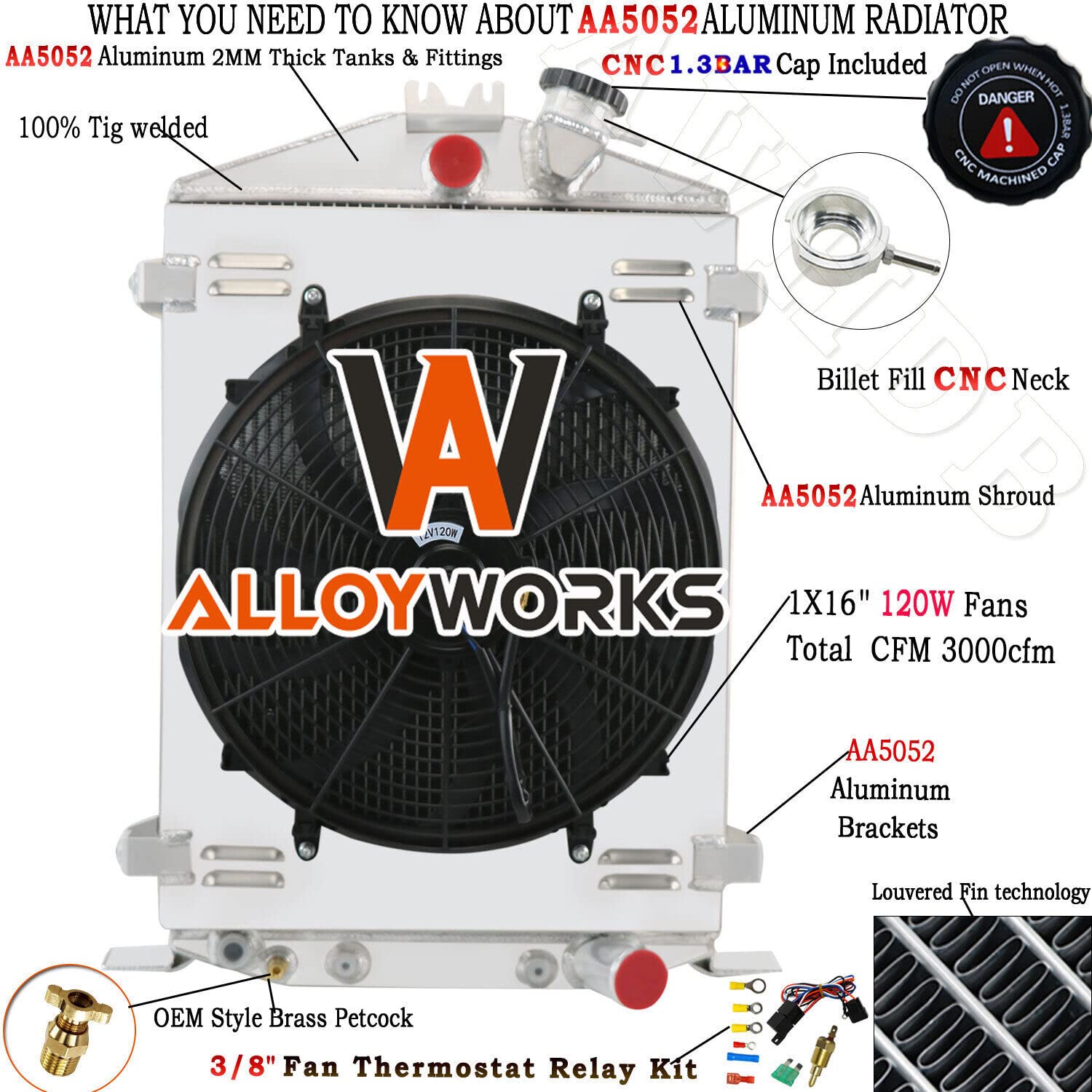 ALLOYWORKS 3 Row Full Aluminum Radiator with Shroud Fan - Compatible with 1932 Ford HI/High Boy Street Rod & Rat Rod - High Performance Cooling for Classic Car Restoration & Hot Rod Builds