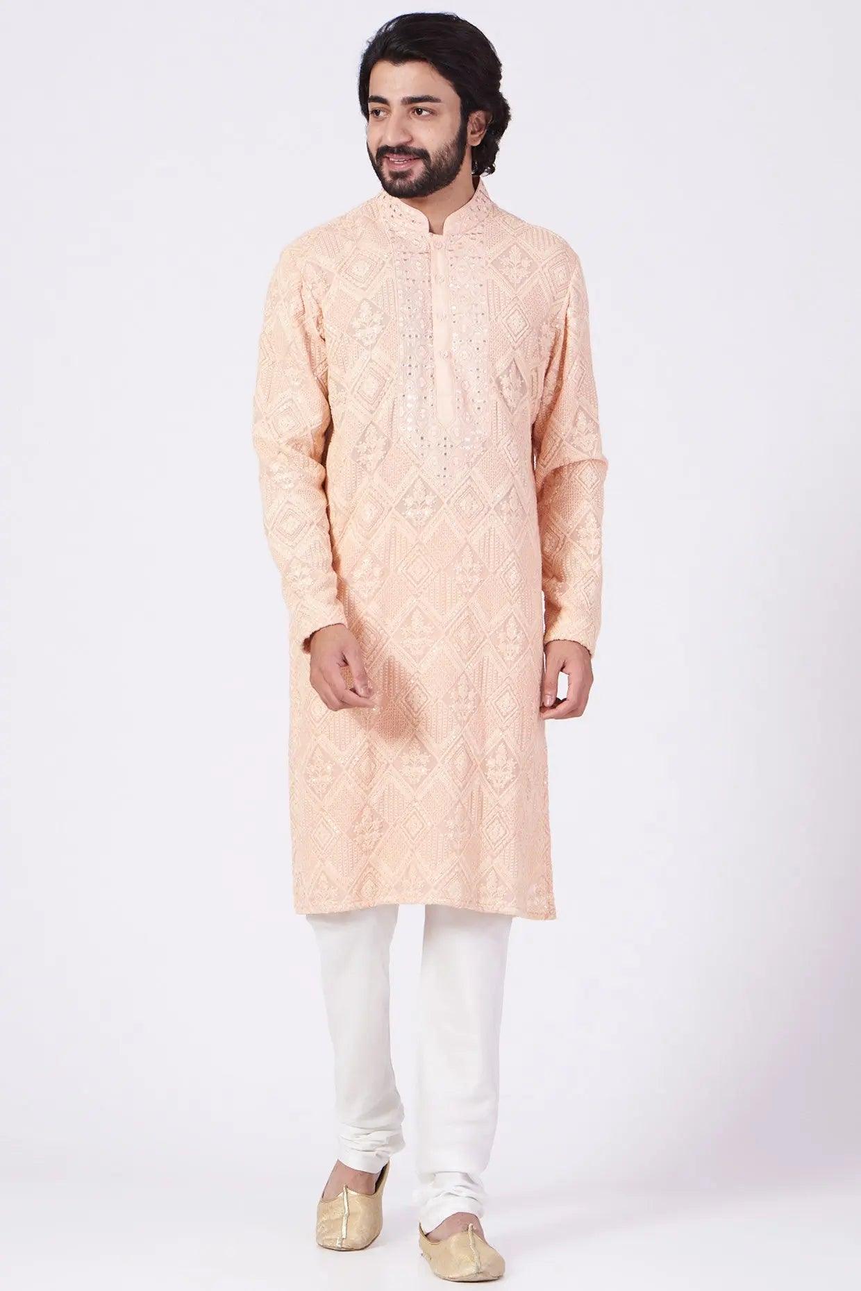 Peach Hand Embroidered Kurta for Women - Traditional Indian Cotton Tunic Top - Perfect for Festivals, Weddings & Casual Wear