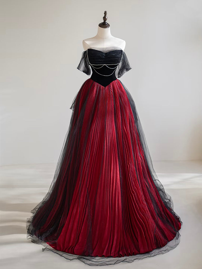 Elegant A-Line Off-Shoulder Tulle Prom Dress in Black & Burgundy - Perfect for Homecoming, Formal Dances & Special Occasions