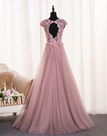 Elegant Dusty Pink Open Back Cap Sleeve Long Evening Prom Dress - Custom Made Formal Gown for Homecoming, Wedding Guest & Special Occasions