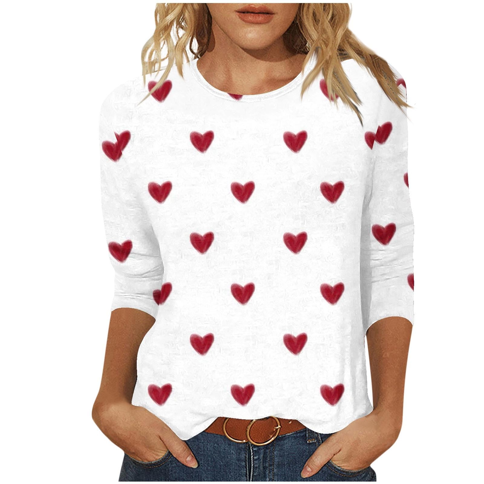 Women's Cute Heart Print 3/4 Sleeve Tunic Top - Soft Cotton Casual Blouse for Holiday & Everyday Wear - Perfect for Date Nights, Office Outfits and Weekend Brunch