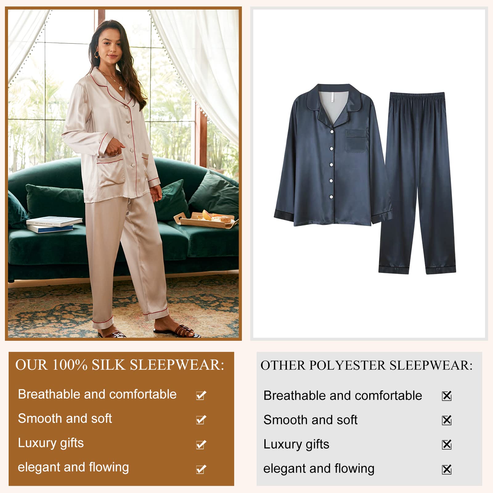 Luxury Women's 100% Mulberry Silk Pajama Set - Slim Fit Long Sleeve Sleepwear & Loungewear - 22 Momme Classic Silk Pajamas for Women - Perfect for Sleep, Relaxation & Bridal Nightwear