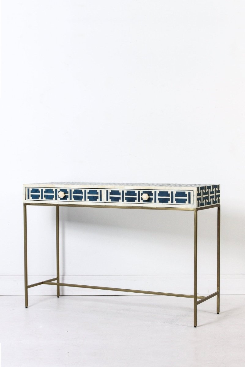 Handmade Bone Inlay Console Table with Lattice Pattern - Dark Blue Vintage Work Desk for Home Office, Entryway, or Living Room Decor