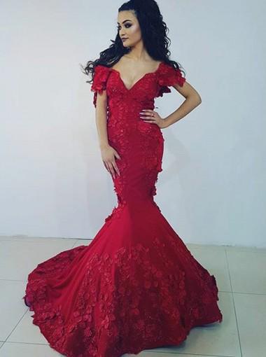 Elegant Off Shoulder Red Lace Mermaid Evening Gown - Sexy Short Sleeve Prom Dress for Women | Perfect for Formal Parties, Weddings & Special Occasions