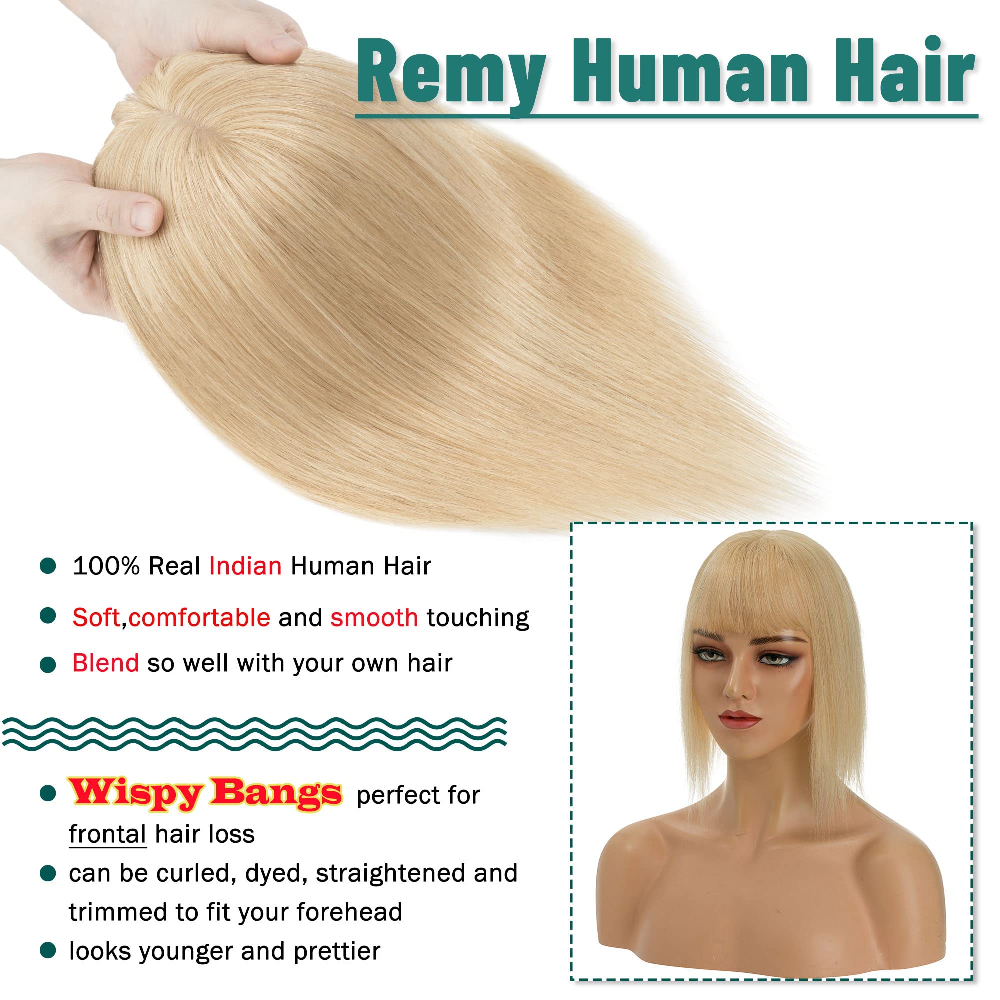 Premium 130% Density Human Hair Toppers with Bangs | Hand-Tied Silk Base Clip-In Hairpiece for Women | Thinning Hair & Hair Loss Solution | Gray Hair Coverage | 14 Inch 45g Natural Blonde | Perfect for Daily Wear, Special Occasions & Confidence Boosting