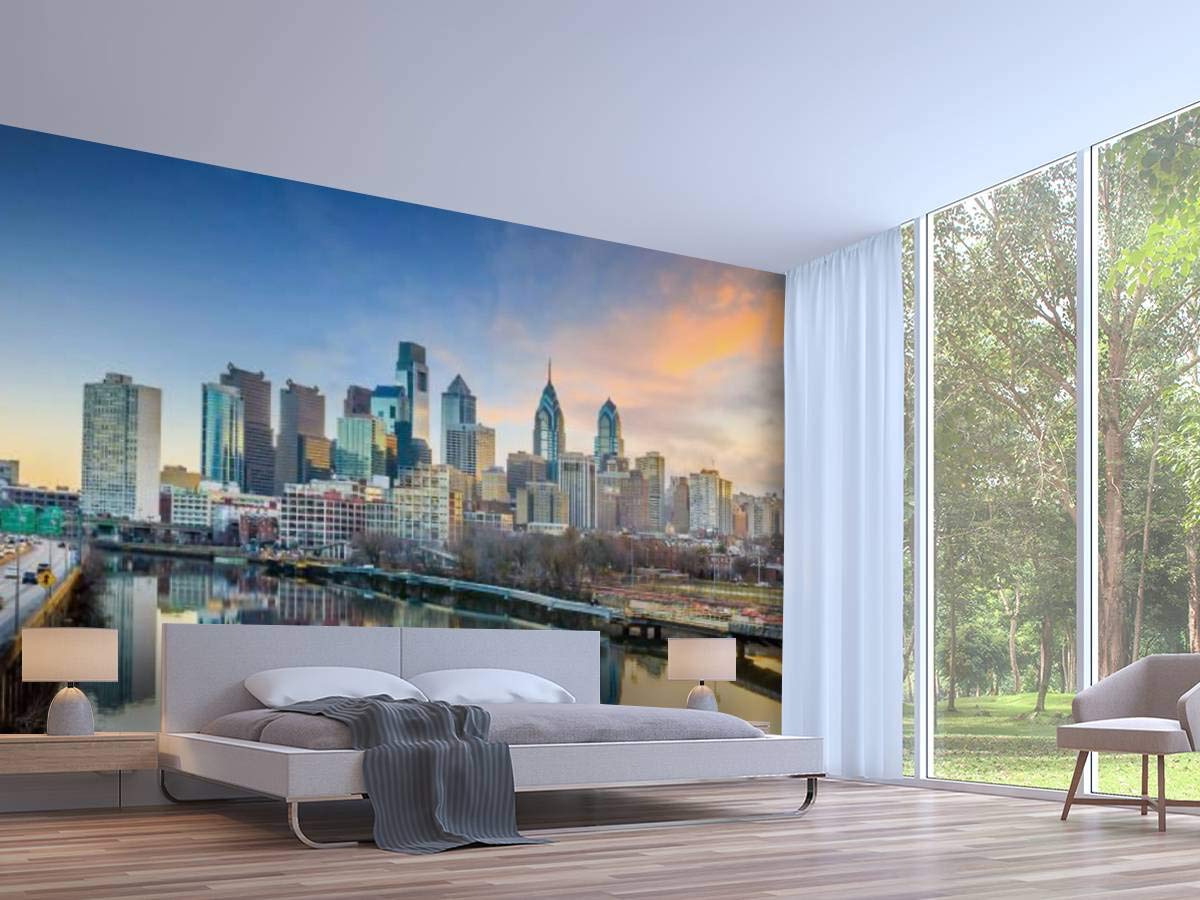 Philadelphia Skyline Wall Mural - Self-Adhesive Removable Peel & Stick Wallpaper for Home Decor | Pennsylvania USA Cityscape Landscape Wall Decal | Perfect for Living Room, Bedroom & Office Spaces