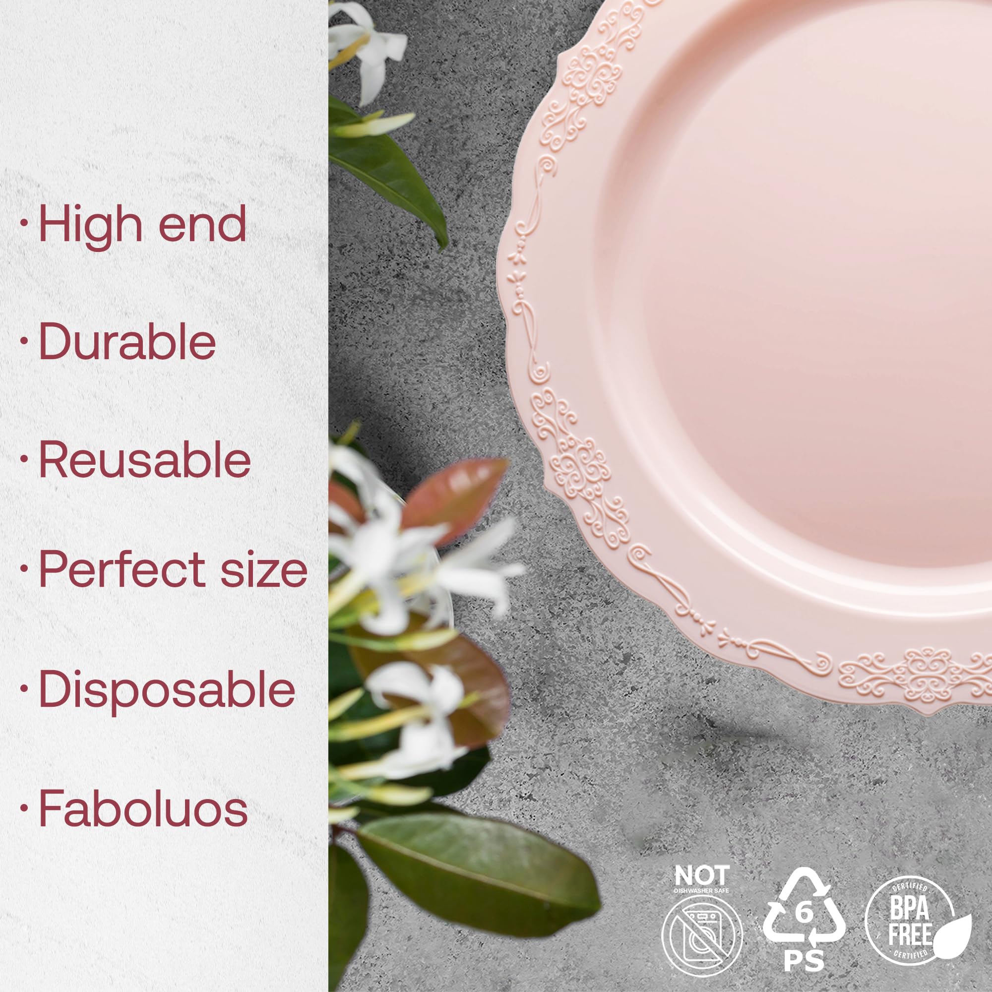 Elegant Disposable Plastic Plates 7.5 Inch - 120 Count Pink Heavy Duty Dinnerware for Parties, Weddings & Events | Perfect for Salad, Desserts & Cocktail Receptions