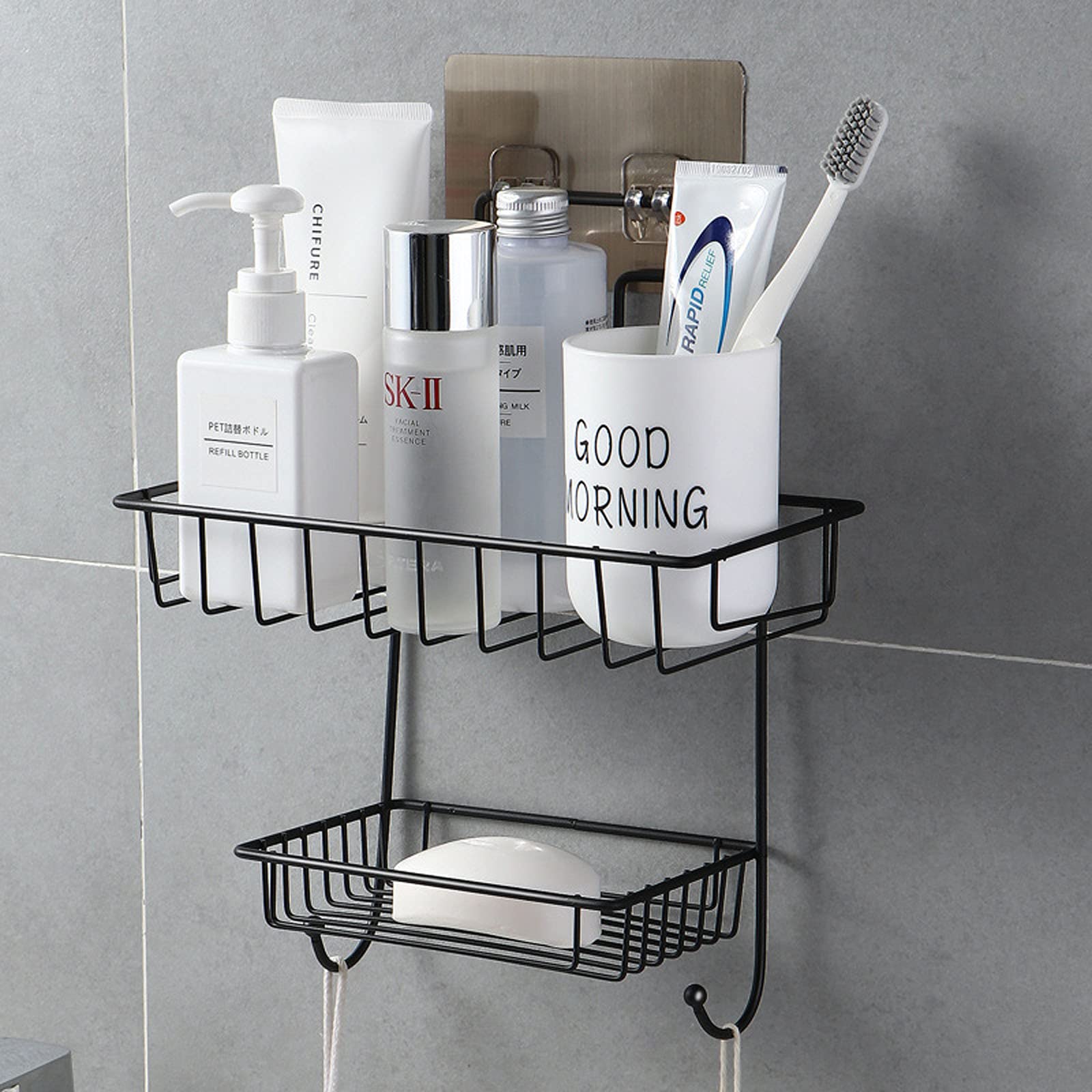 2-Tier Rustproof Shower Caddy with Soap Dish & 2 Hooks - No Drill Wall Mount Bathroom Organizer for Shower, Kitchen, or Bath - Space Saving Storage Shelf (Black) - Perfect for Small Bathrooms, Apartments & Dorm Rooms