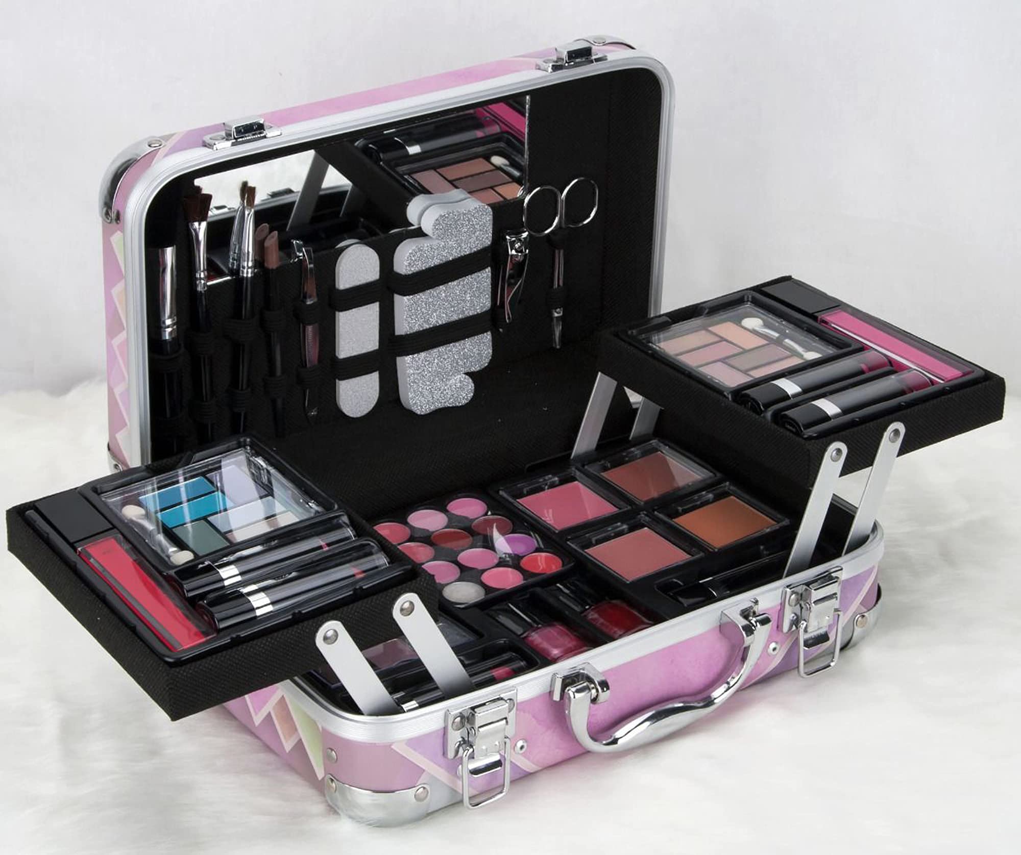 VER Modern Portable Beauty Junkie Makeup Gift Set with Extendable Trays & Mirror - 61pcs Cosmetic Organizer | Perfect for Travel, Home Vanity & Professional Makeup Artists