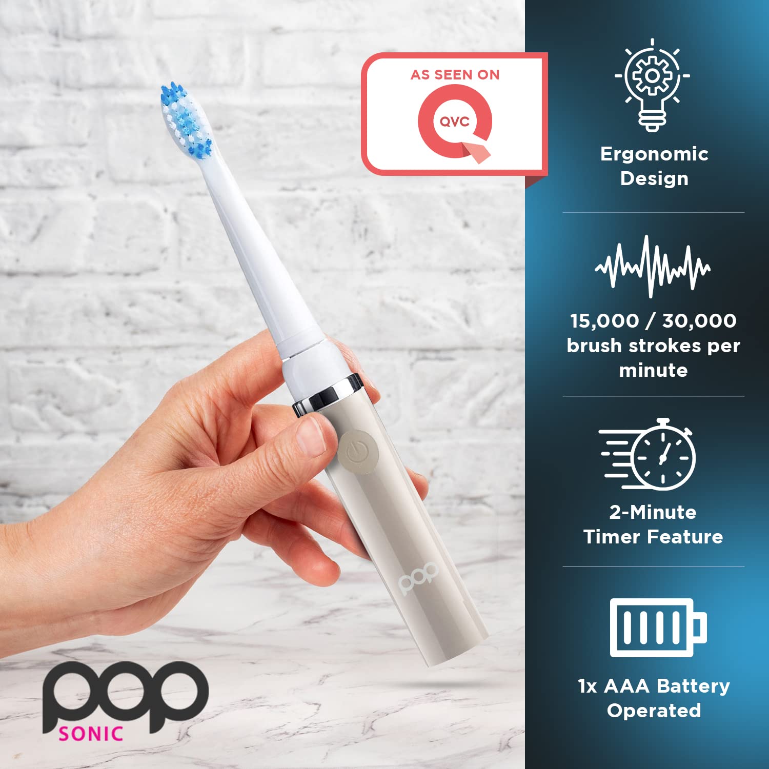 Pop Sonic Electric Toothbrush for Kids & Travel (Grey) - 2 Speed Modes, 15,000-30,000 Strokes/Min, Dupont Nylon Bristles, Battery Powered - Perfect for Home, School & Vacation Use